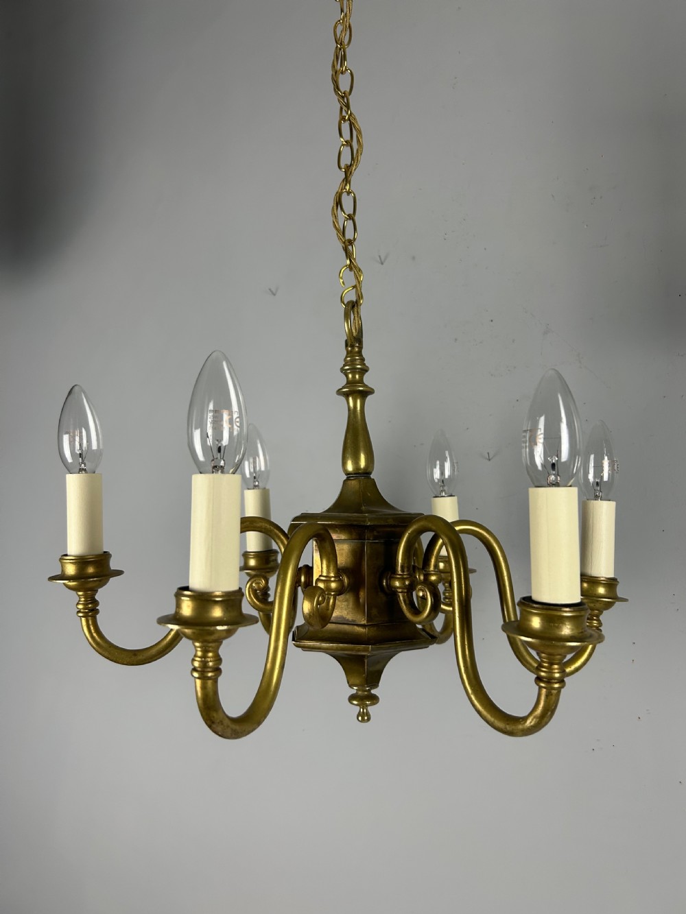 English Aged Brass 6 Arm Chandelier, Rewired  View XIV