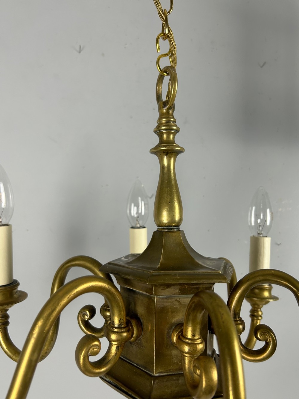 English Aged Brass 6 Arm Chandelier, Rewired  View XV