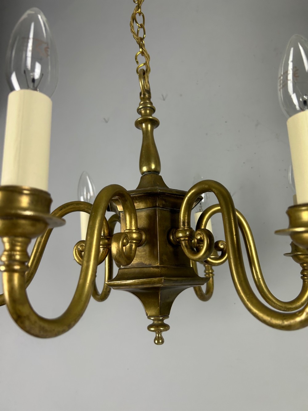 English Aged Brass 6 Arm Chandelier, Rewired  View XVII