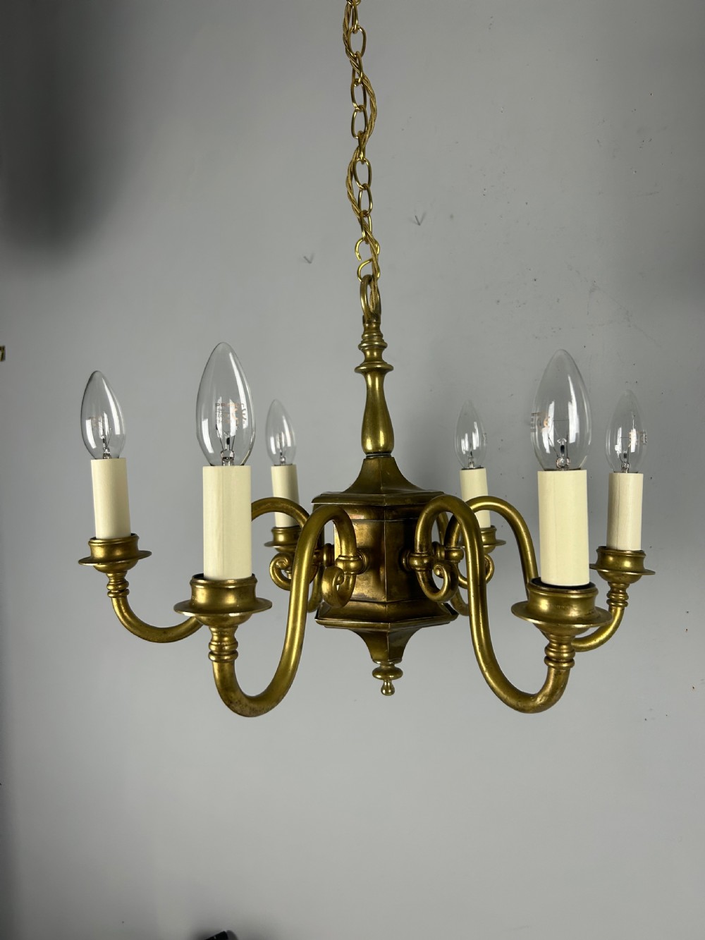 English Aged Brass 6 Arm Chandelier, Rewired  View XVIII