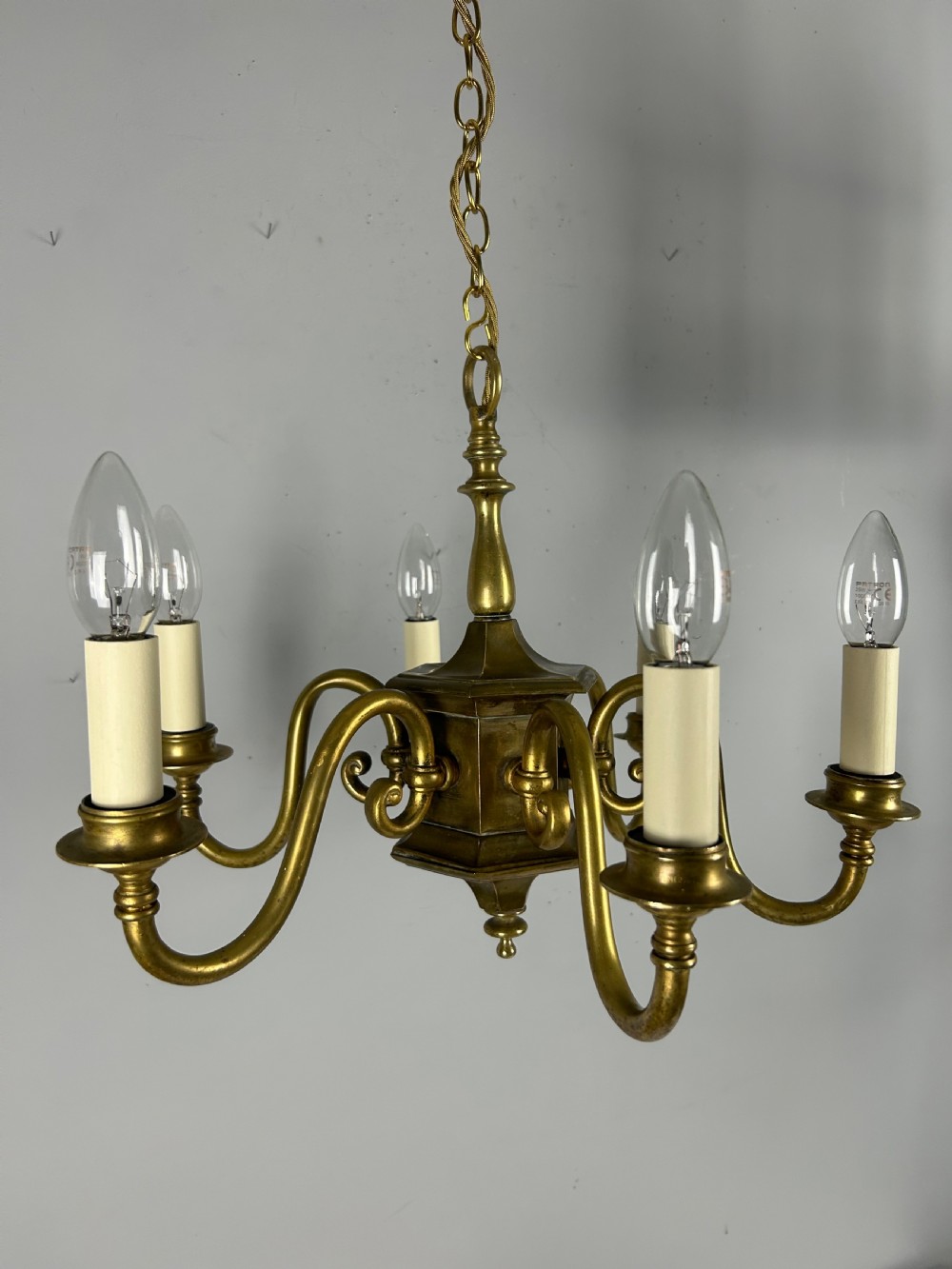 English Aged Brass 6 Arm Chandelier, Rewired  View XX