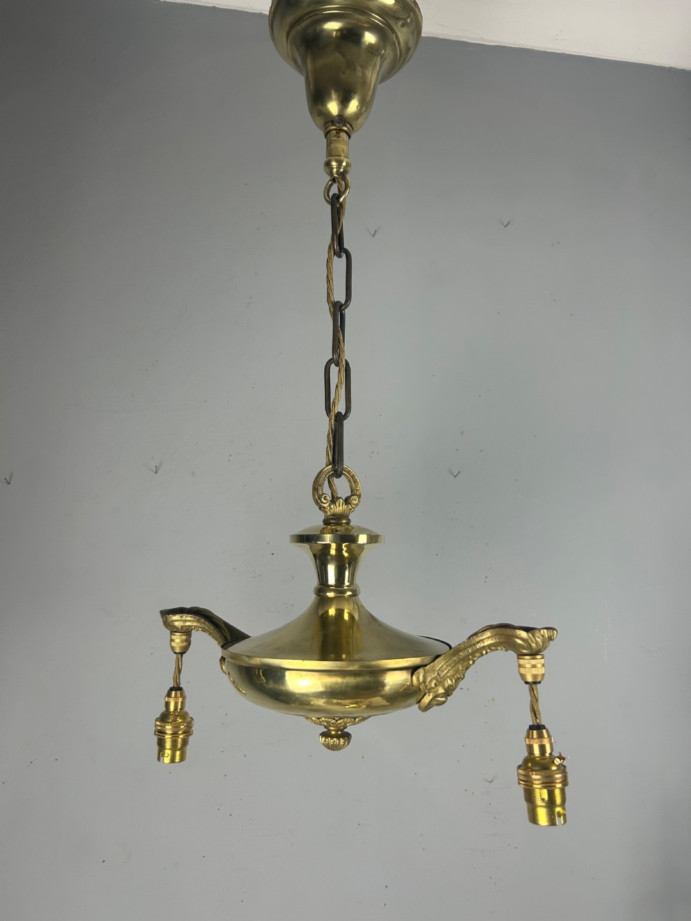 Antique 2 Light Brass Chandelier, Ceiling Light, Rewired View IV