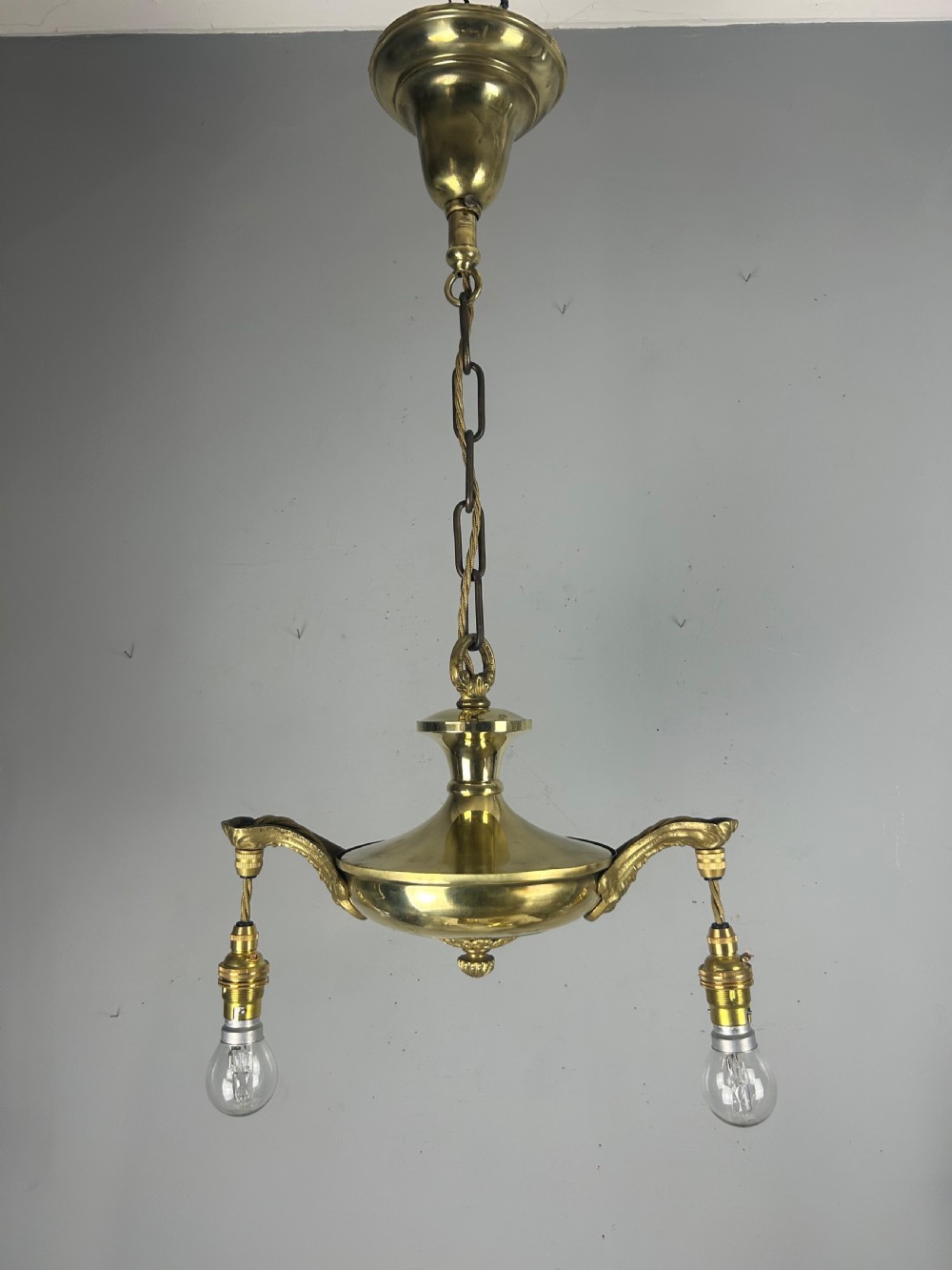 Antique 2 Light Brass Chandelier, Ceiling Light, Rewired View V