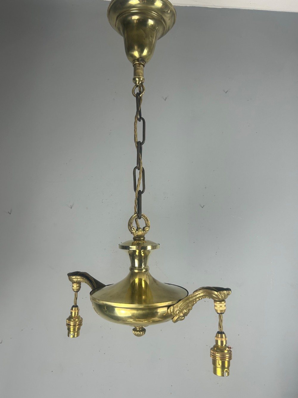 Antique 2 Light Brass Chandelier, Ceiling Light, Rewired View VI
