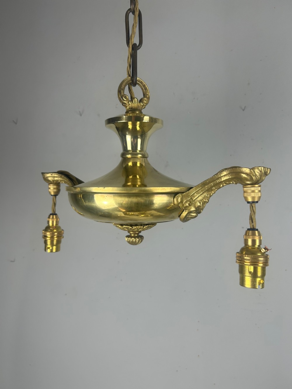 Antique 2 Light Brass Chandelier, Ceiling Light, Rewired View IX