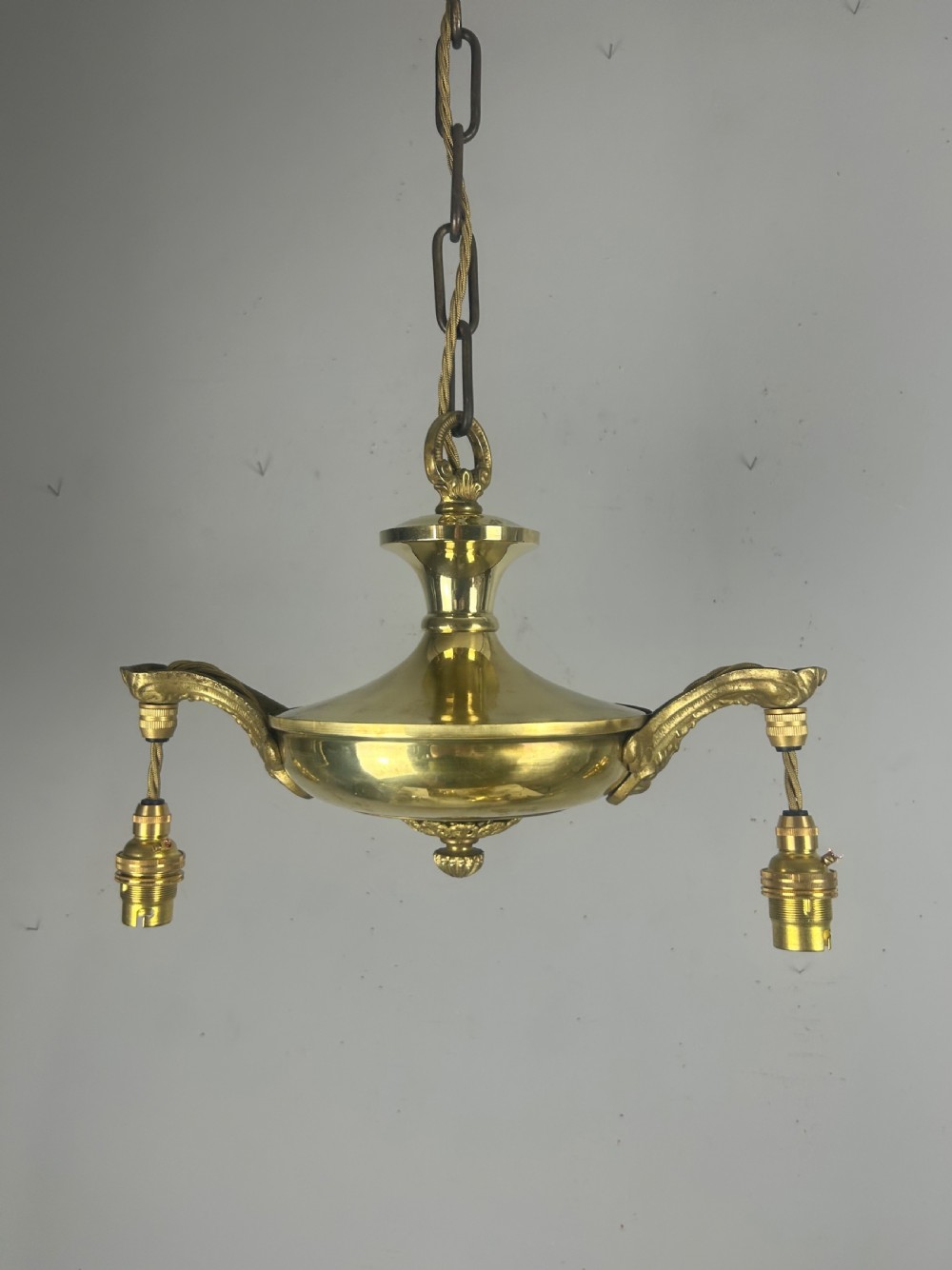 Antique 2 Light Brass Chandelier, Ceiling Light, Rewired View XII