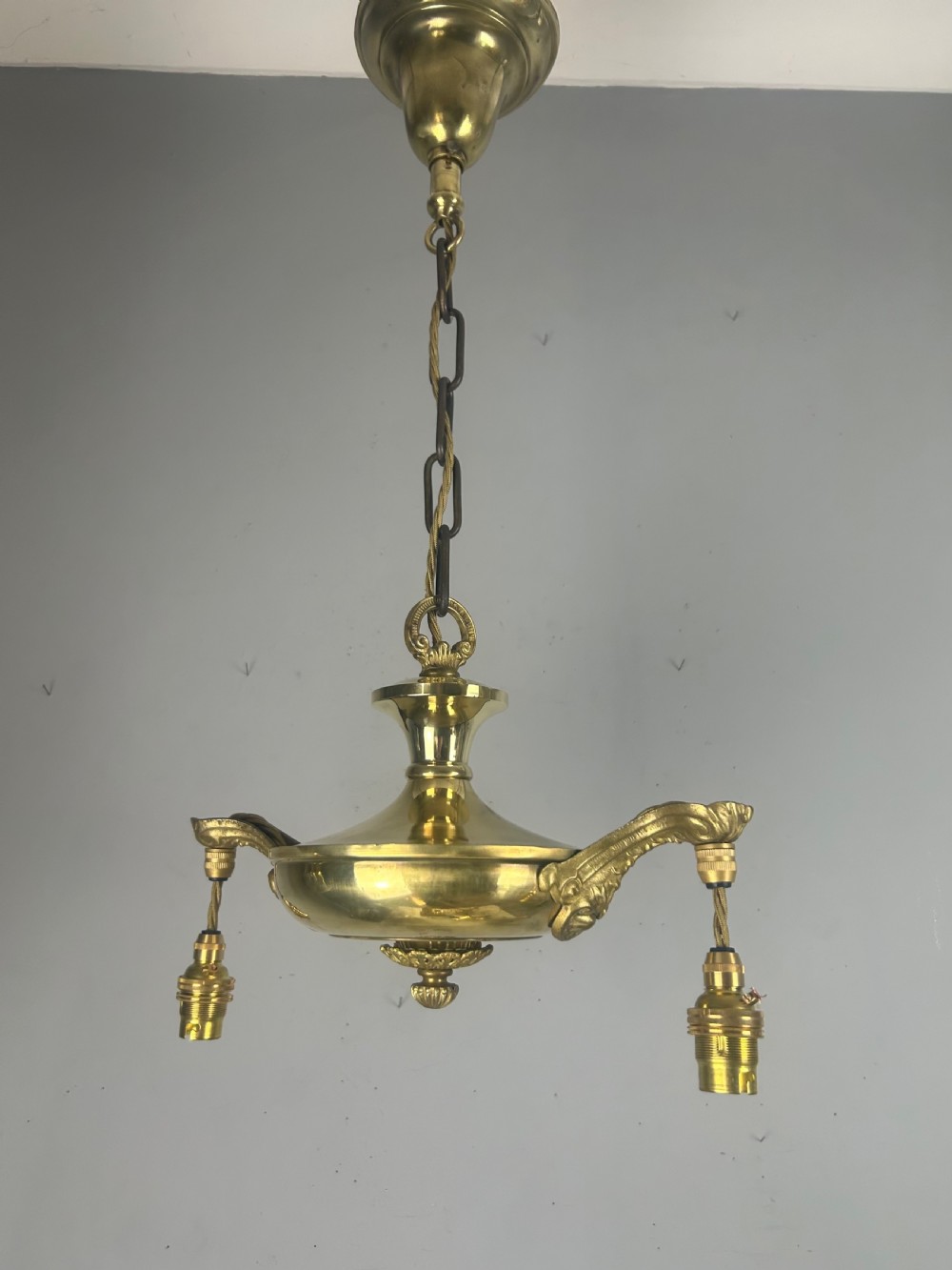 Antique 2 Light Brass Chandelier, Ceiling Light, Rewired View XVII