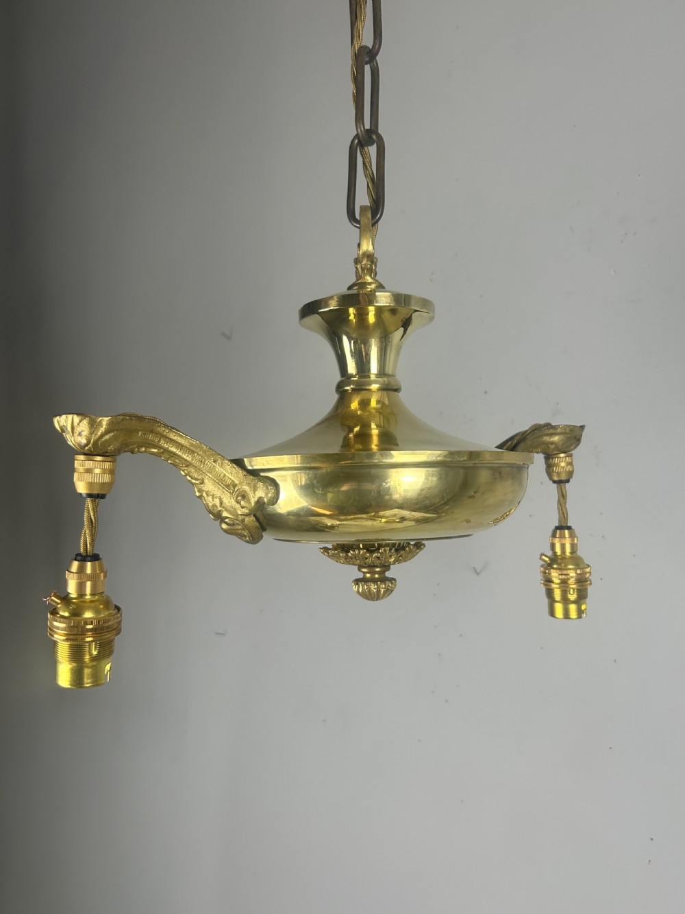 Antique 2 Light Brass Chandelier, Ceiling Light, Rewired View XVIII