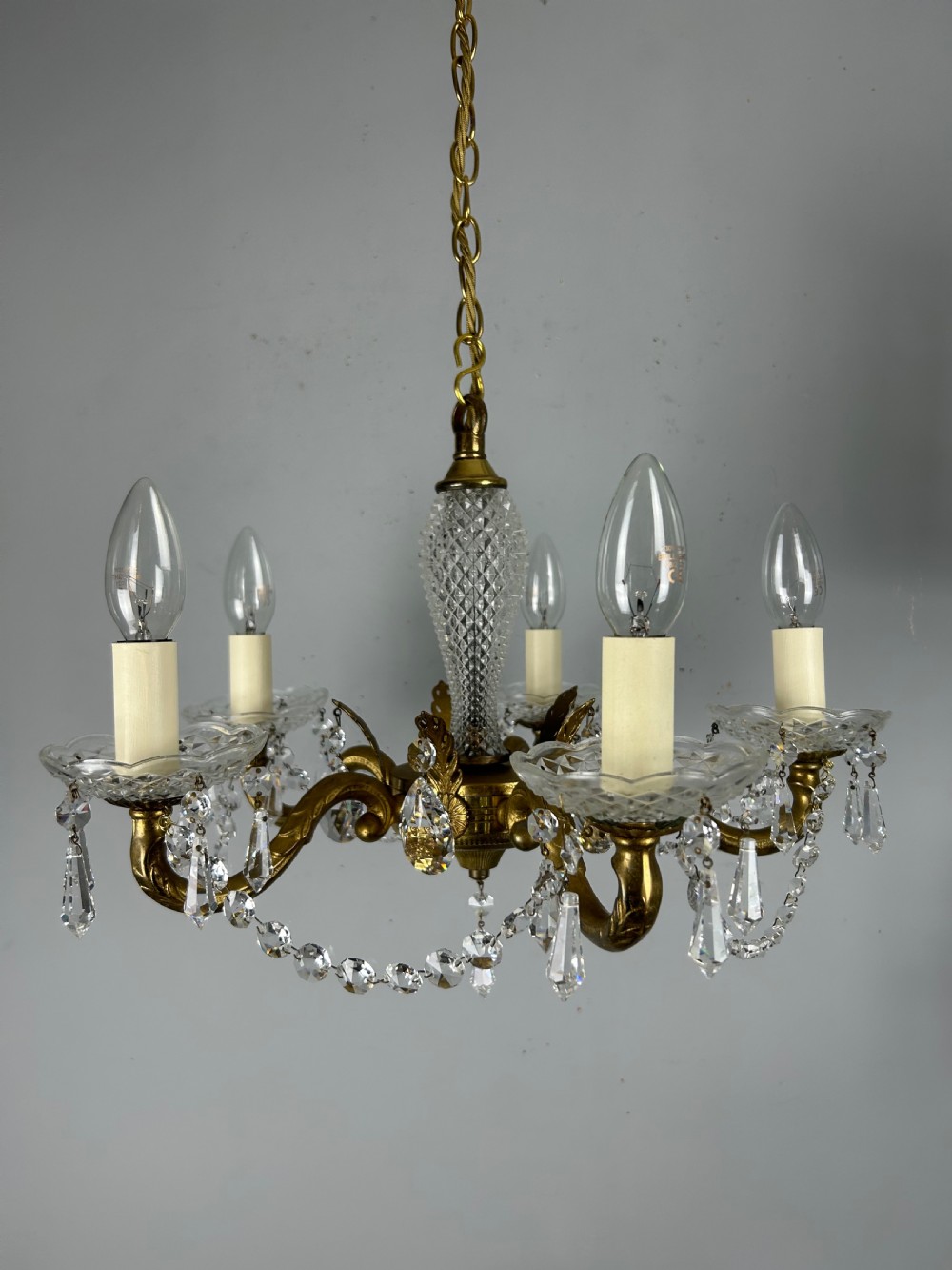 French 5 Arm Crystal Gilt Brass Chandelier, Rewired
