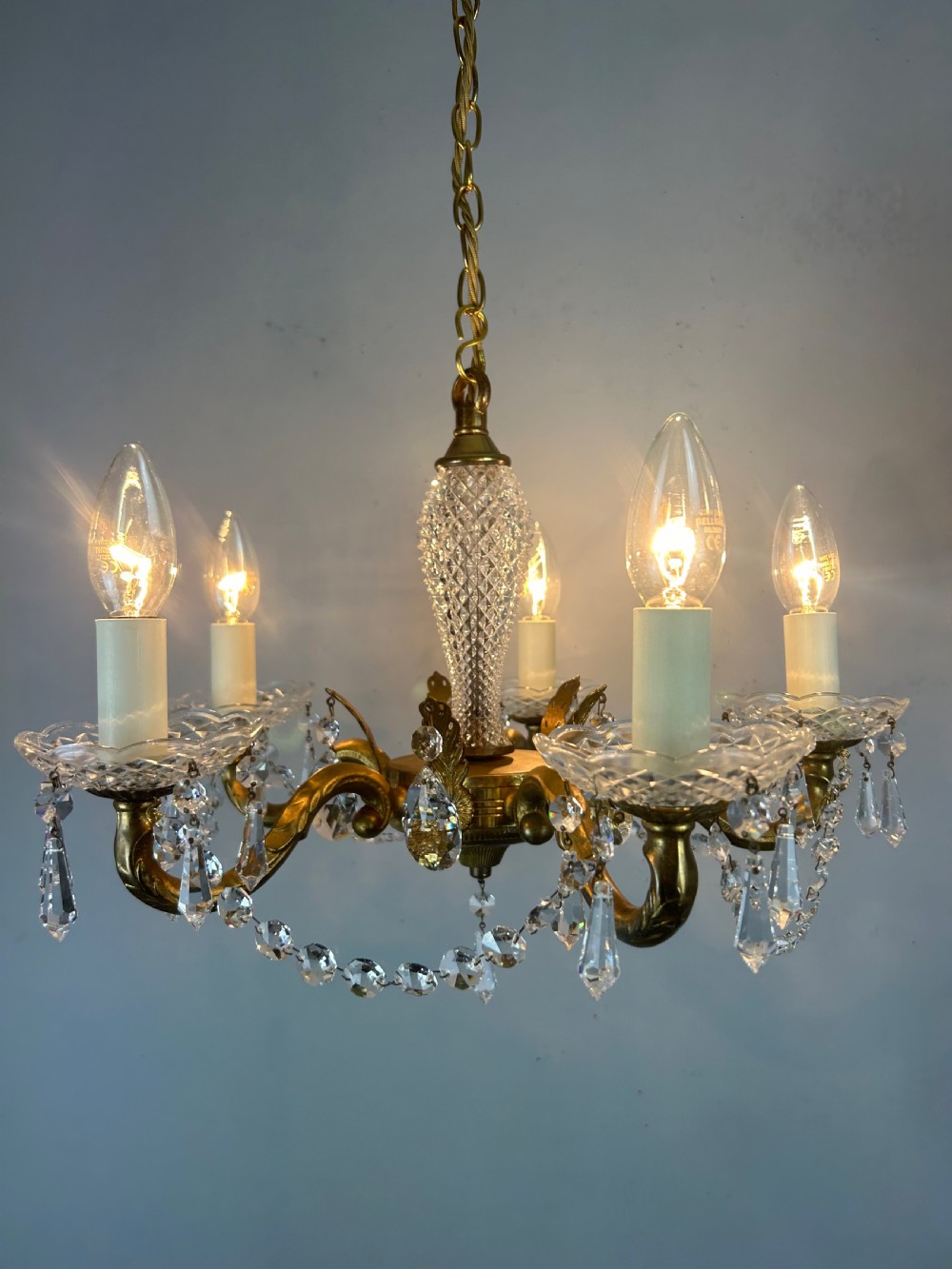 French 5 Arm Crystal Gilt Brass Chandelier, Rewired View II