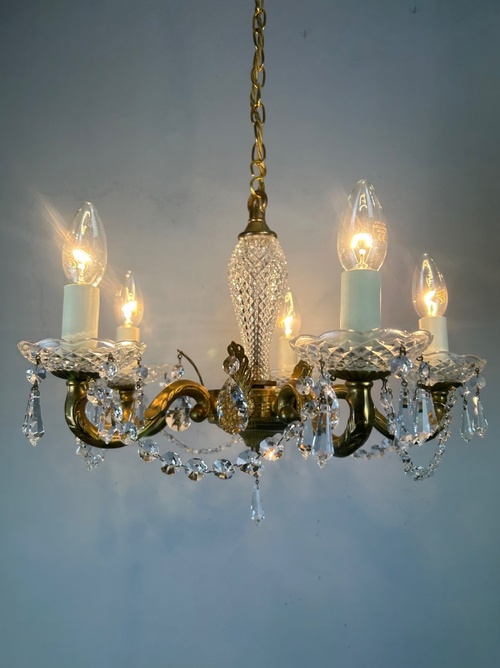French 5 Arm Crystal Gilt Brass Chandelier, Rewired View III