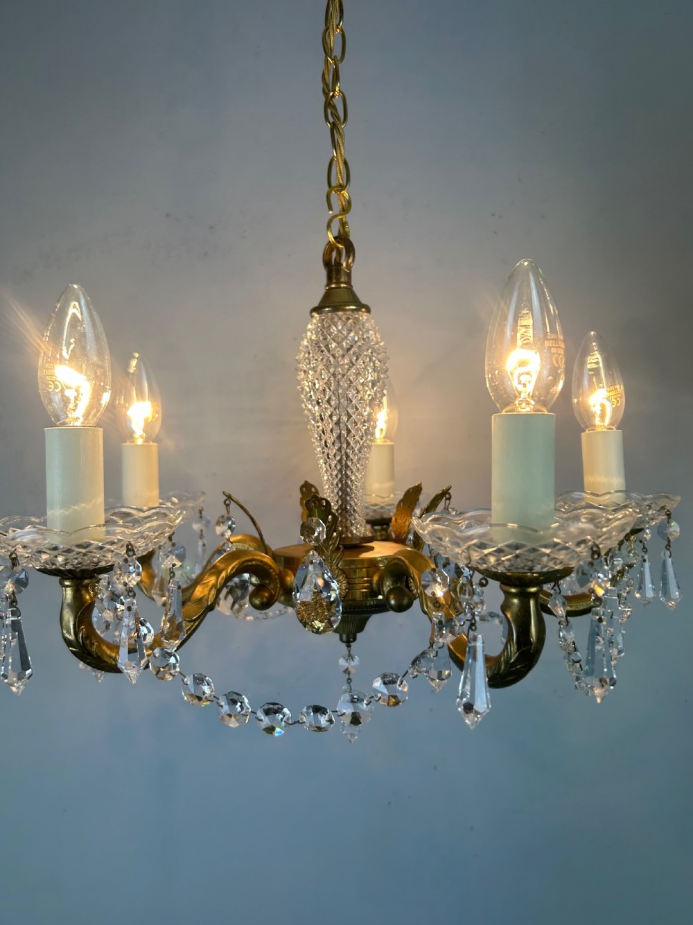 French 5 Arm Crystal Gilt Brass Chandelier, Rewired View IV