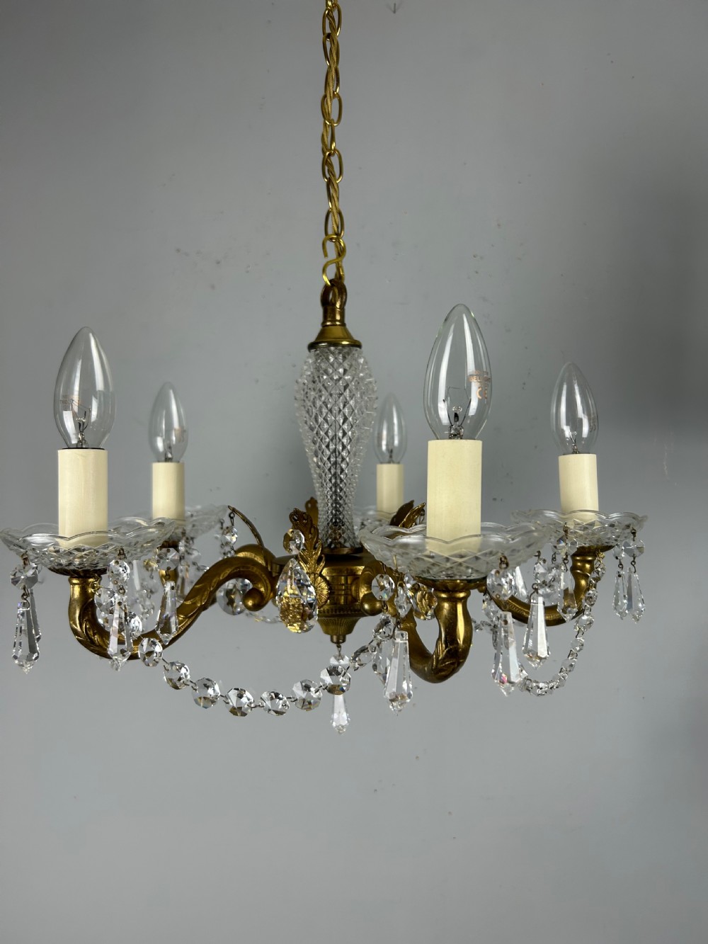 French 5 Arm Crystal Gilt Brass Chandelier, Rewired View V