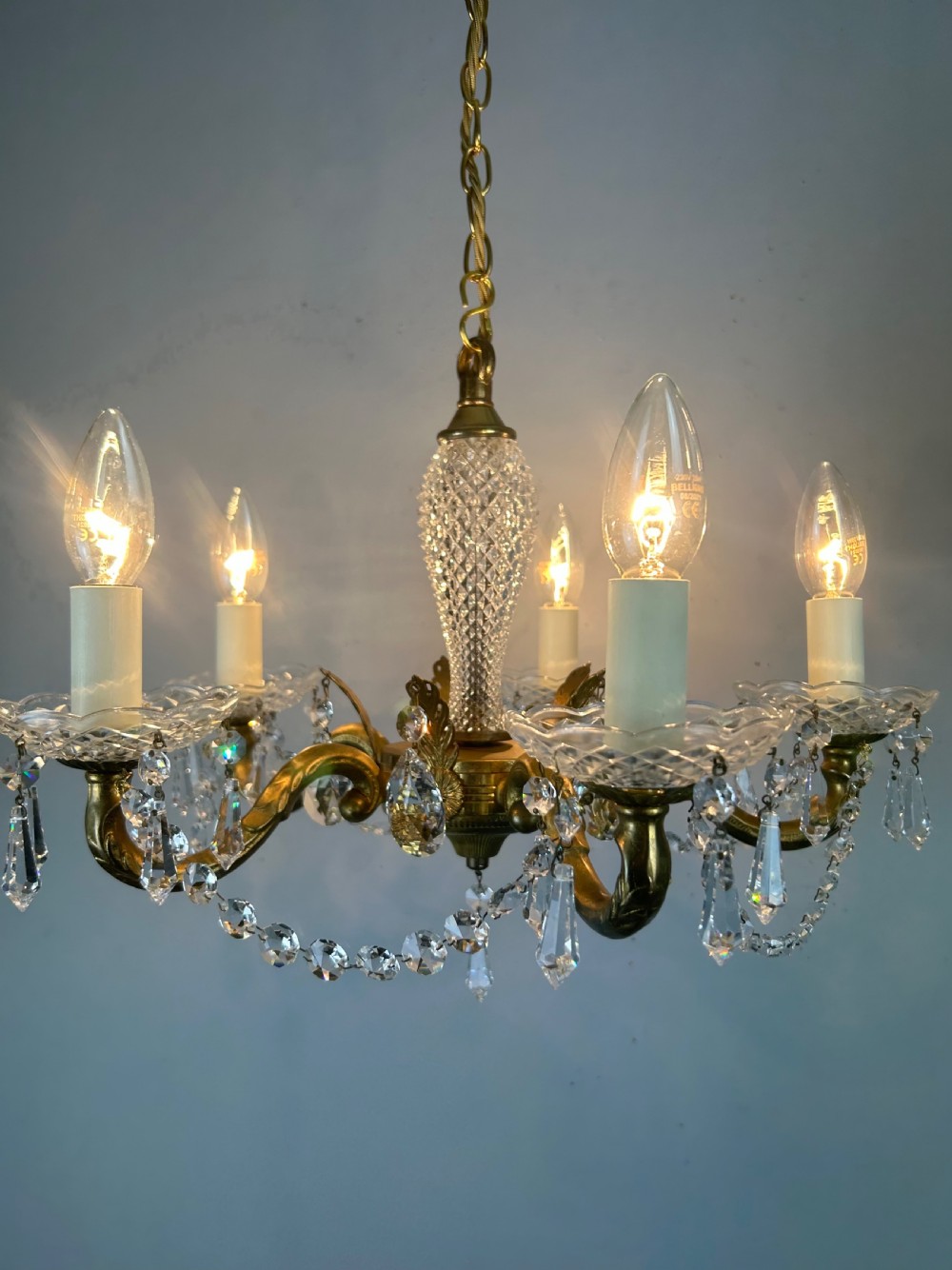 French 5 Arm Crystal Gilt Brass Chandelier, Rewired View VI