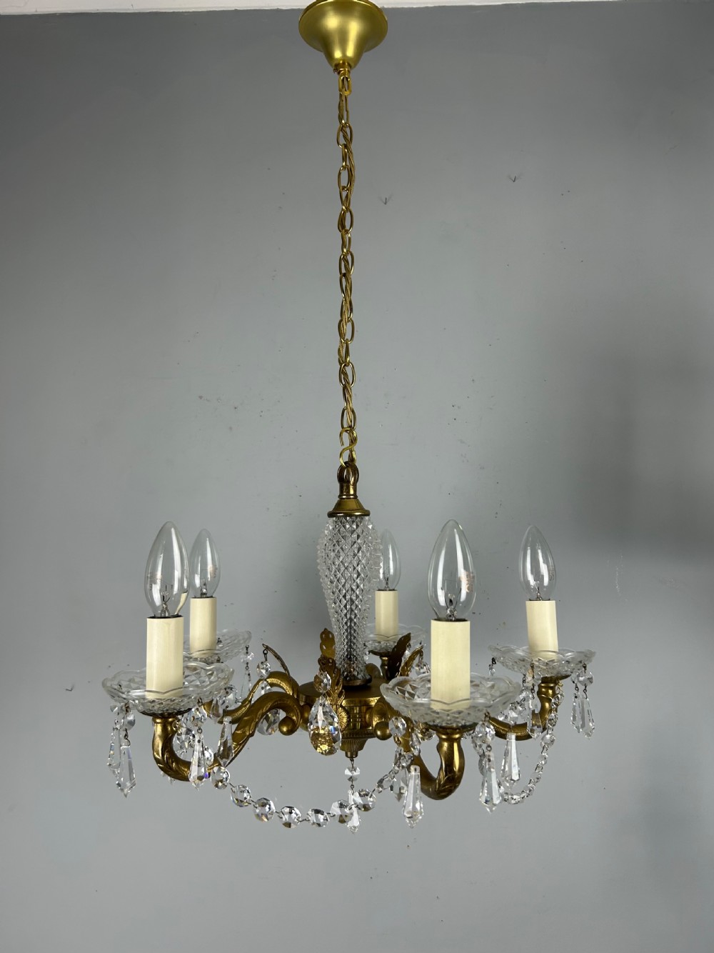 French 5 Arm Crystal Gilt Brass Chandelier, Rewired View VII