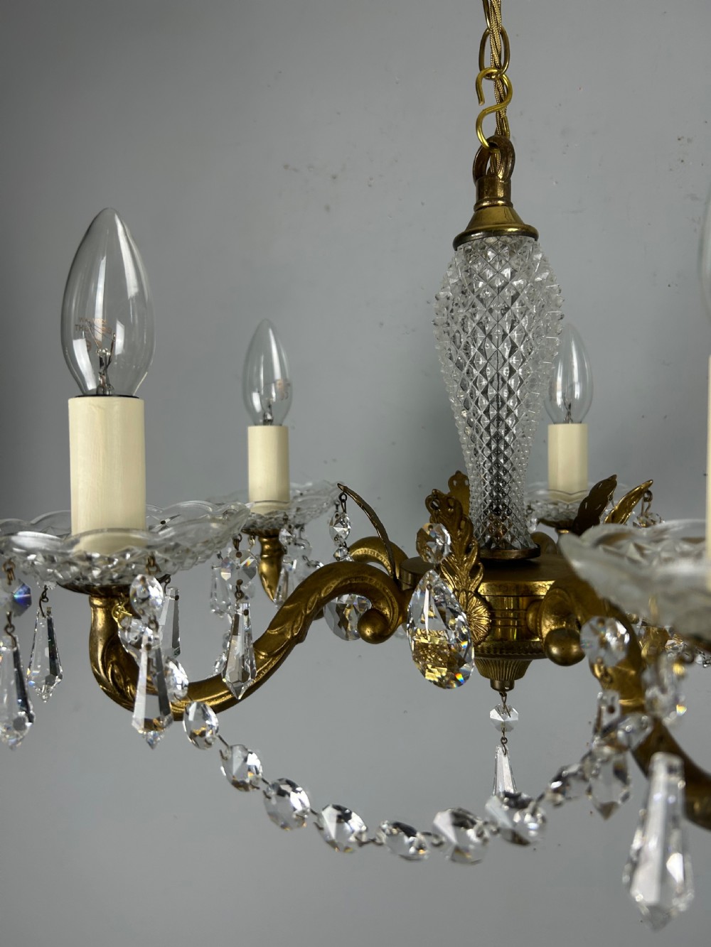 French 5 Arm Crystal Gilt Brass Chandelier, Rewired View IX