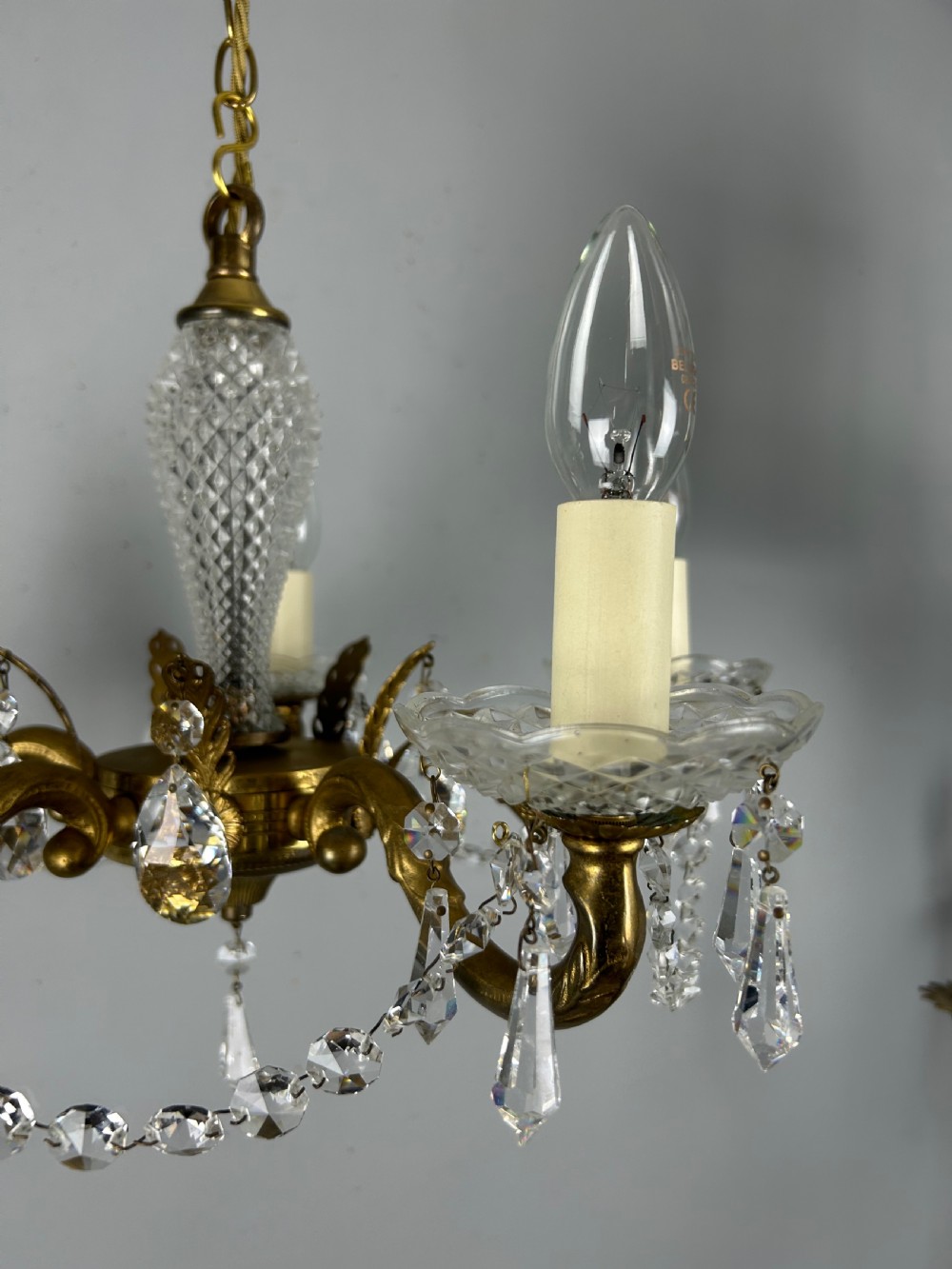 French 5 Arm Crystal Gilt Brass Chandelier, Rewired View X