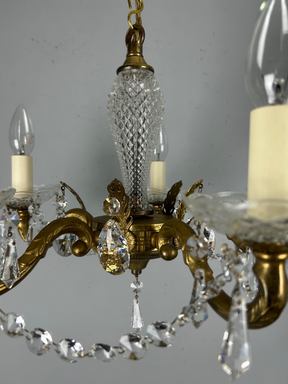 French 5 Arm Crystal Gilt Brass Chandelier, Rewired View XI