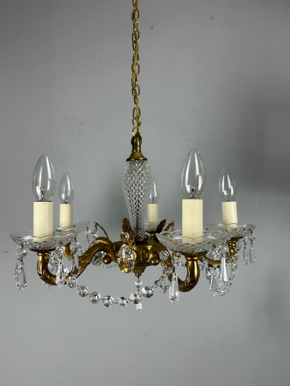 French 5 Arm Crystal Gilt Brass Chandelier, Rewired View XII