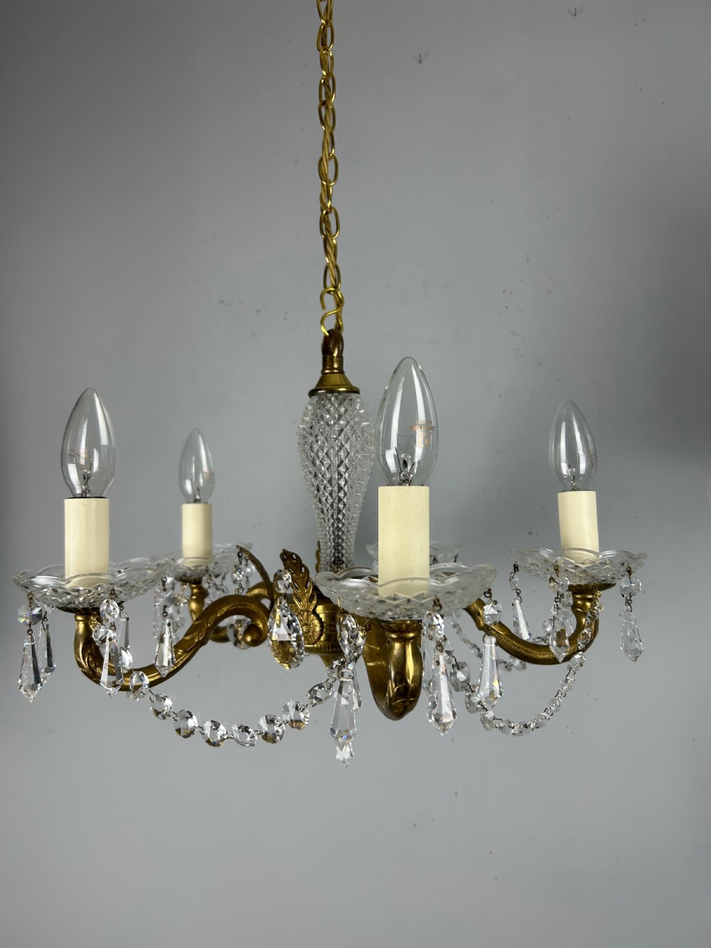 French 5 Arm Crystal Gilt Brass Chandelier, Rewired View XIII