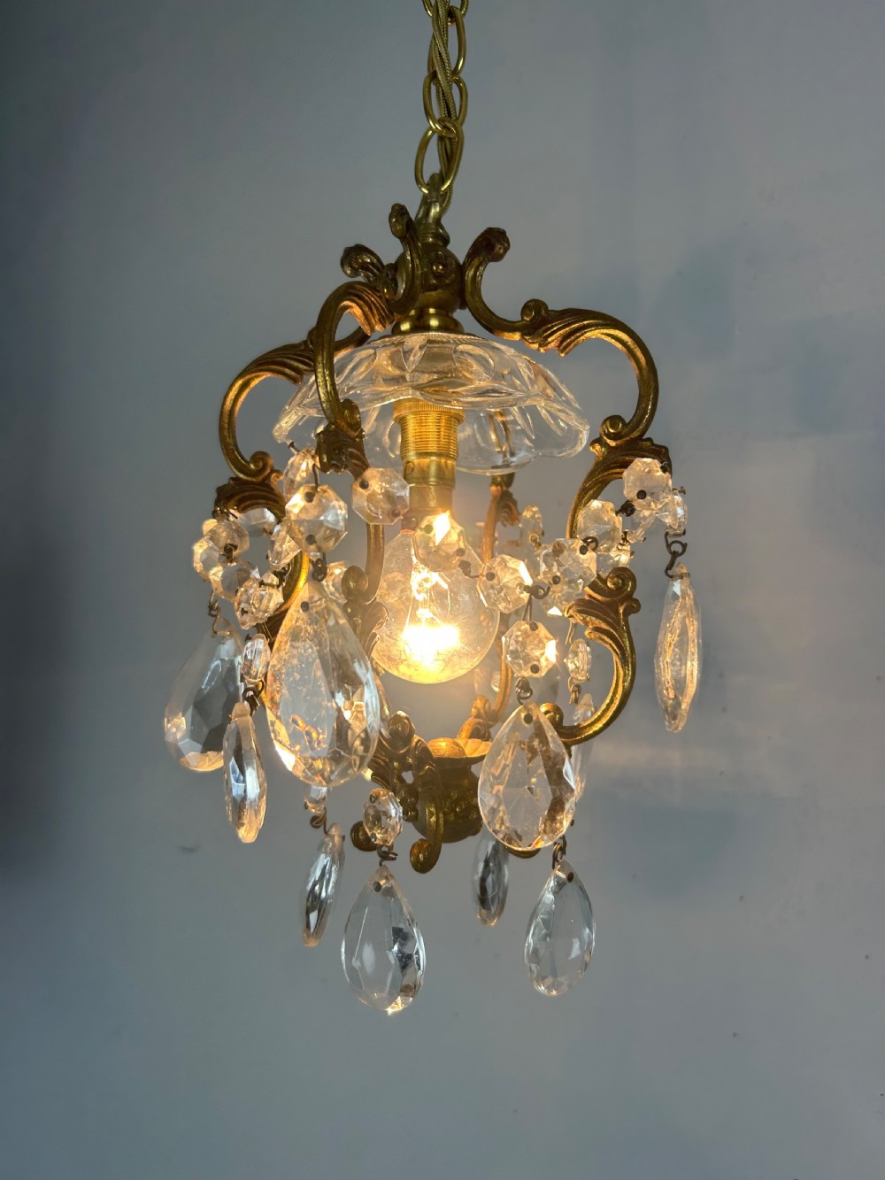 French Single Light Gilt Brass Chandelier, Ceiling Light View II
