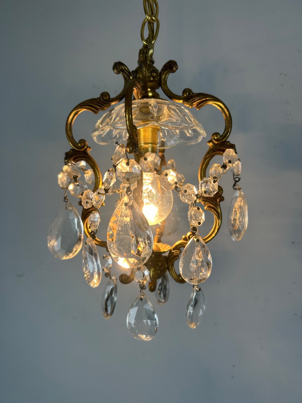 French Single Light Gilt Brass Chandelier, Ceiling Light View III