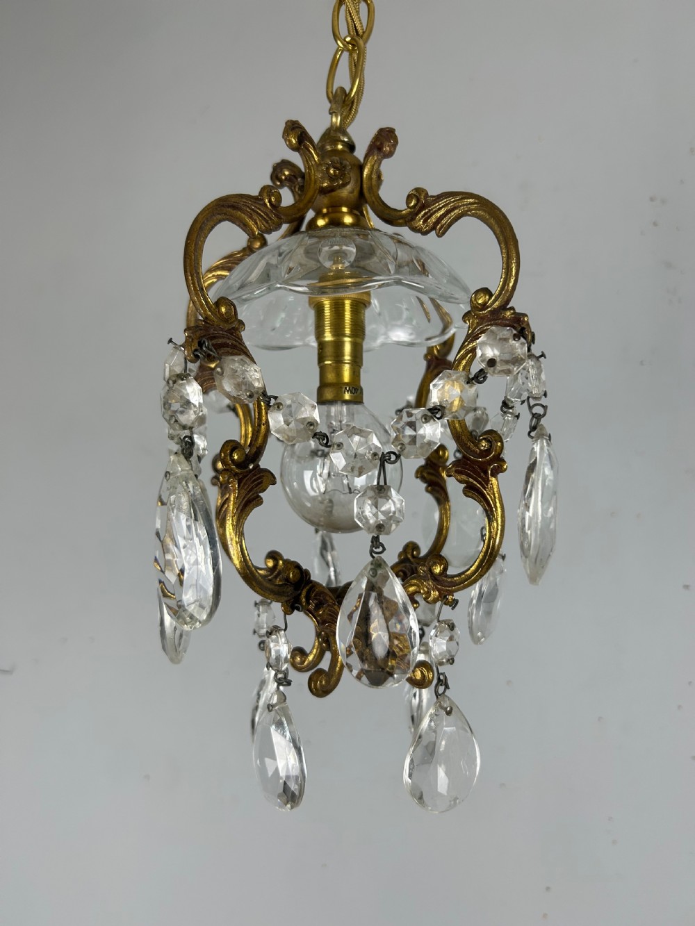 French Single Light Gilt Brass Chandelier, Ceiling Light View VI