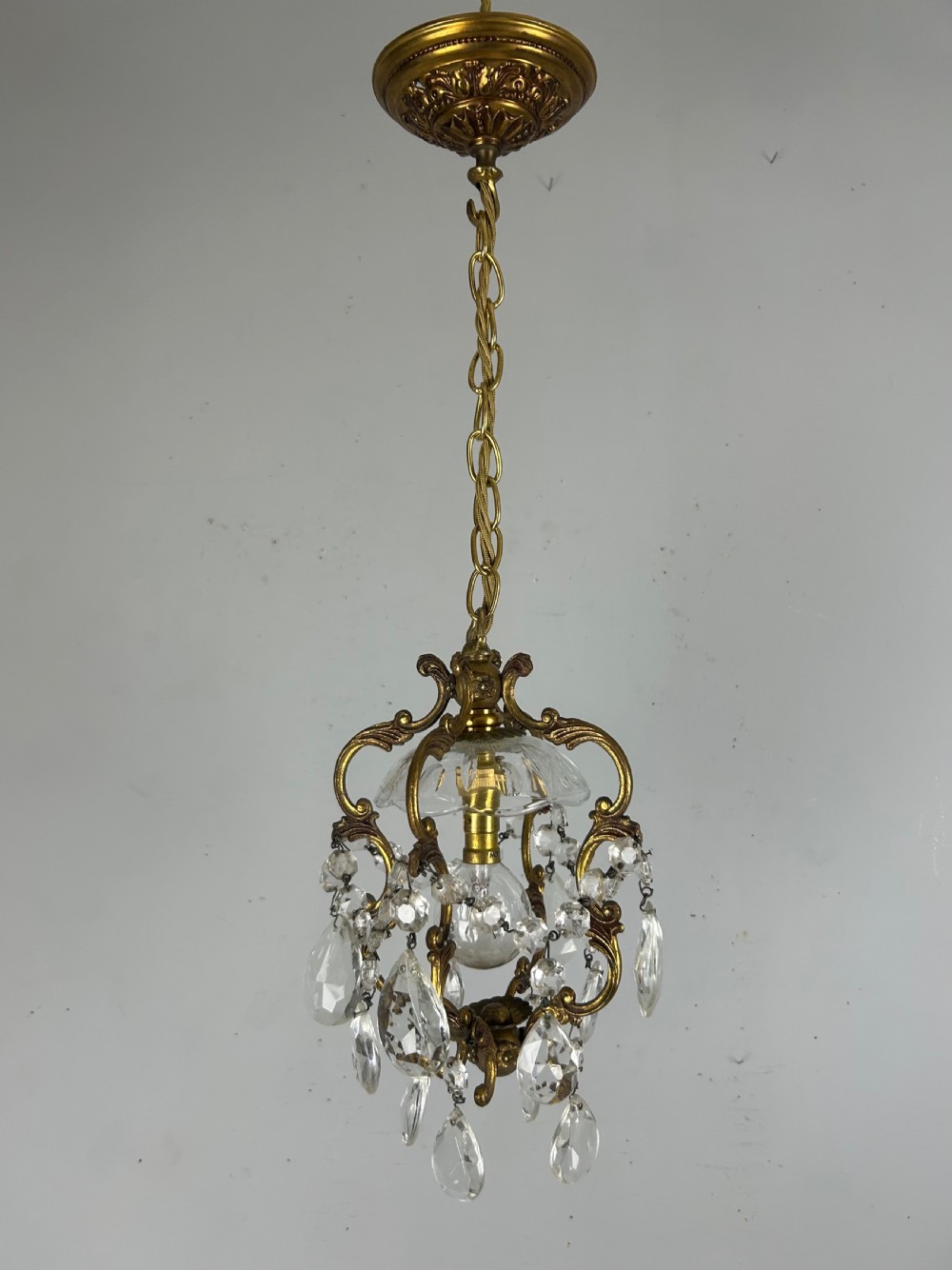 French Single Light Gilt Brass Chandelier, Ceiling Light View VIII