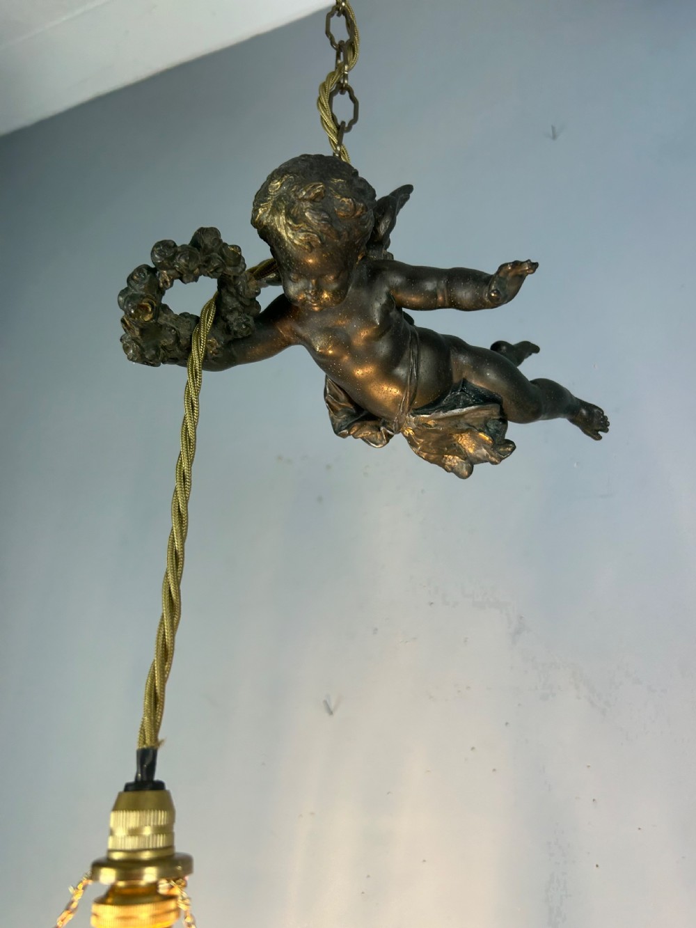 French Bronze Putti Cherub Ceiling Light, Rewired  View II