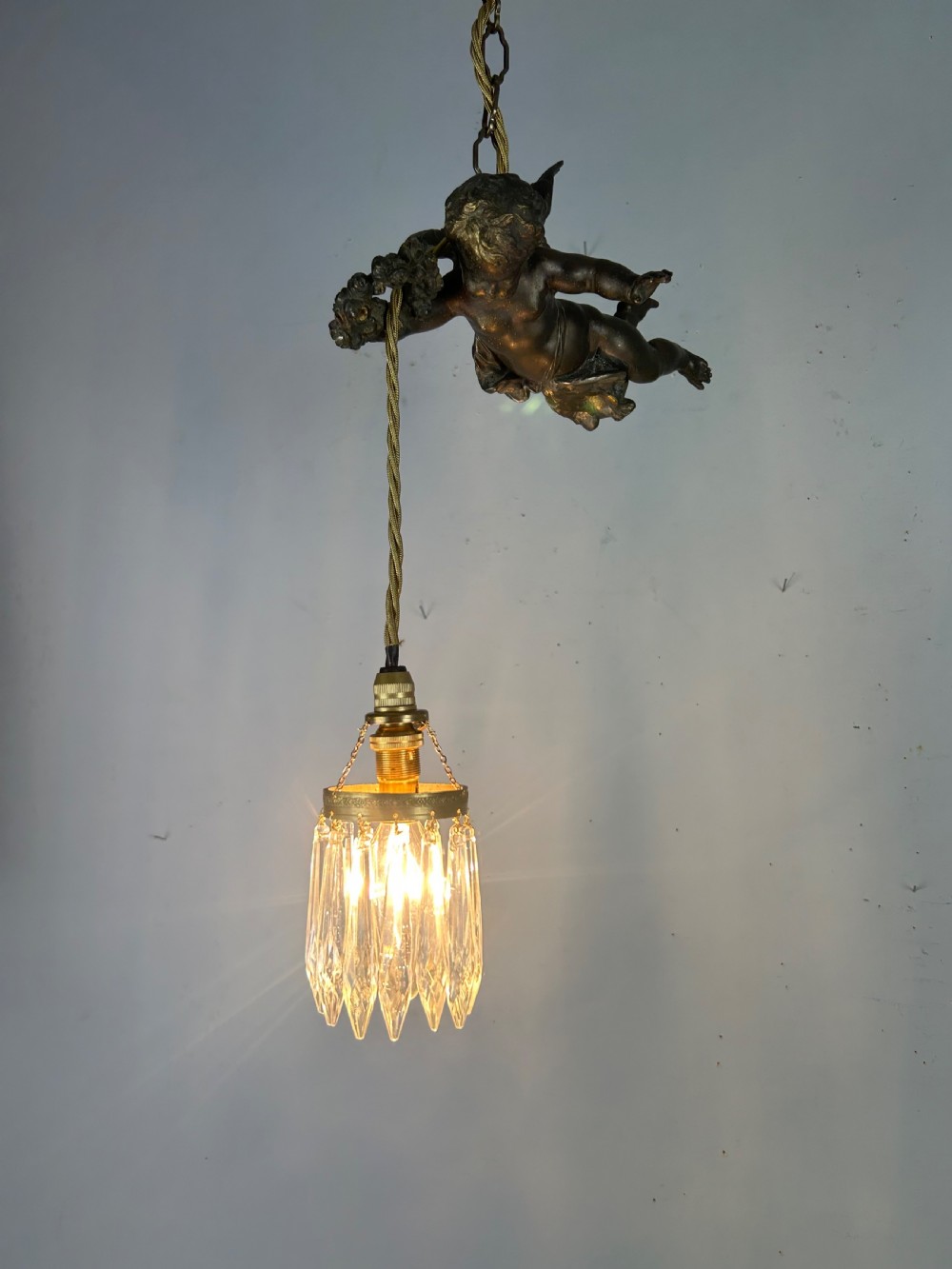 French Bronze Putti Cherub Ceiling Light, Rewired  View III