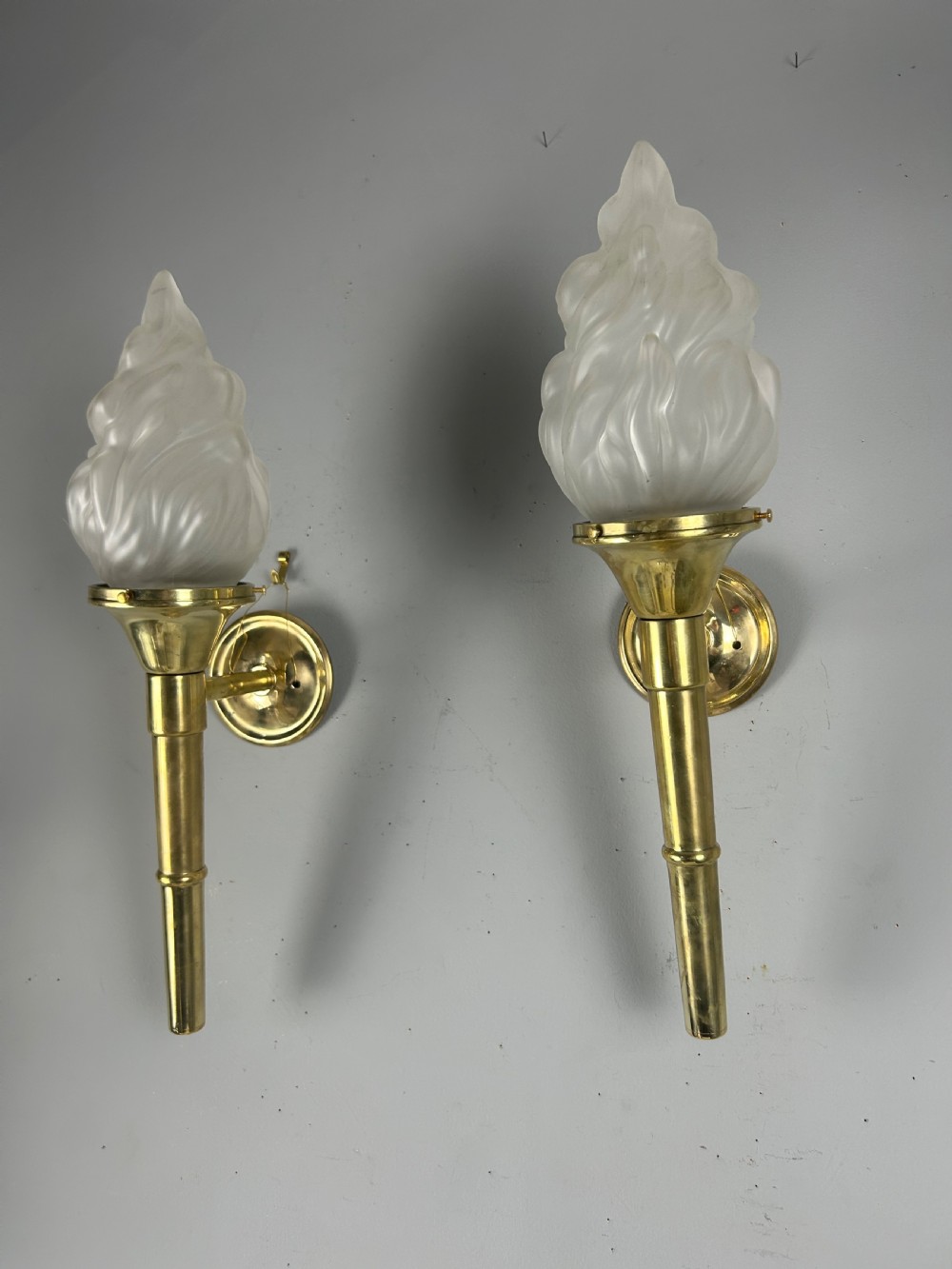 Large Pair Of Art Deco Brass Torch Wall Lights, Original Shades, Rewired