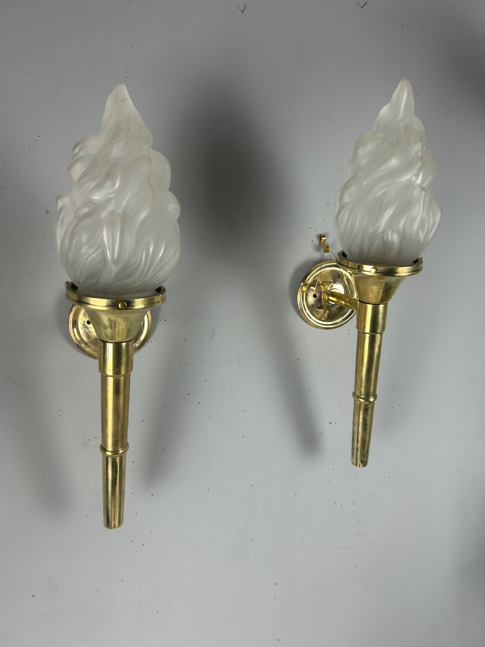 Large Pair Of Art Deco Brass Torch Wall Lights, Original Shades, Rewired View II