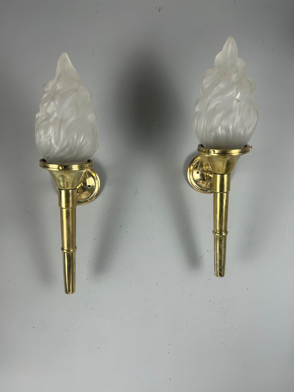 Large Pair Of Art Deco Brass Torch Wall Lights, Original Shades, Rewired View III