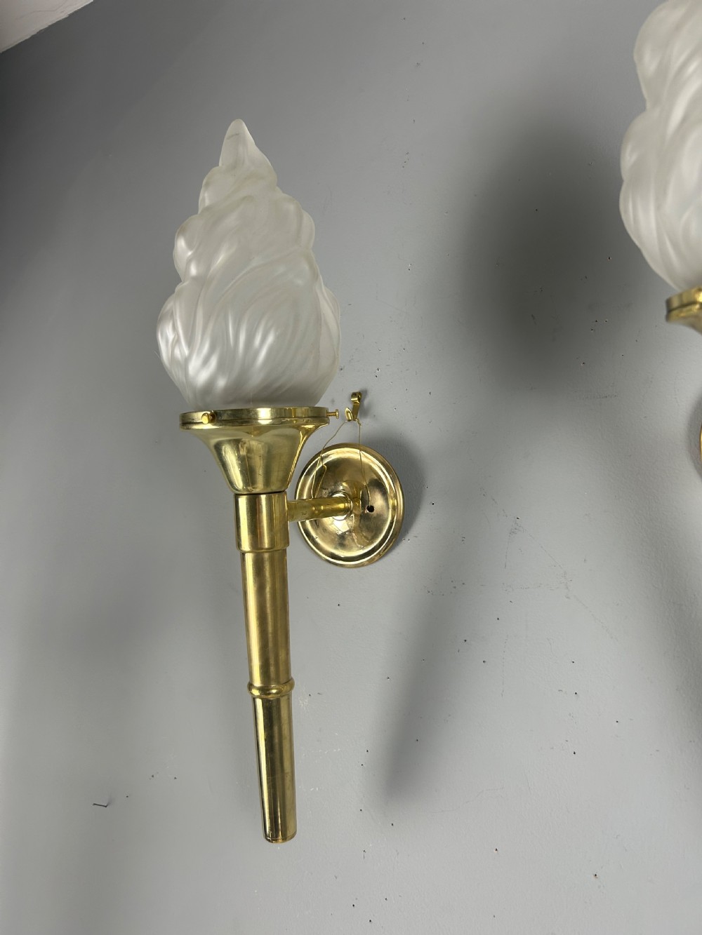 Large Pair Of Art Deco Brass Torch Wall Lights, Original Shades, Rewired View VI
