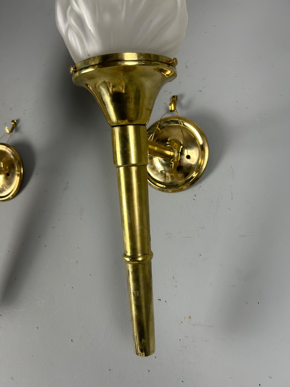 Large Pair Of Art Deco Brass Torch Wall Lights, Original Shades, Rewired View VII