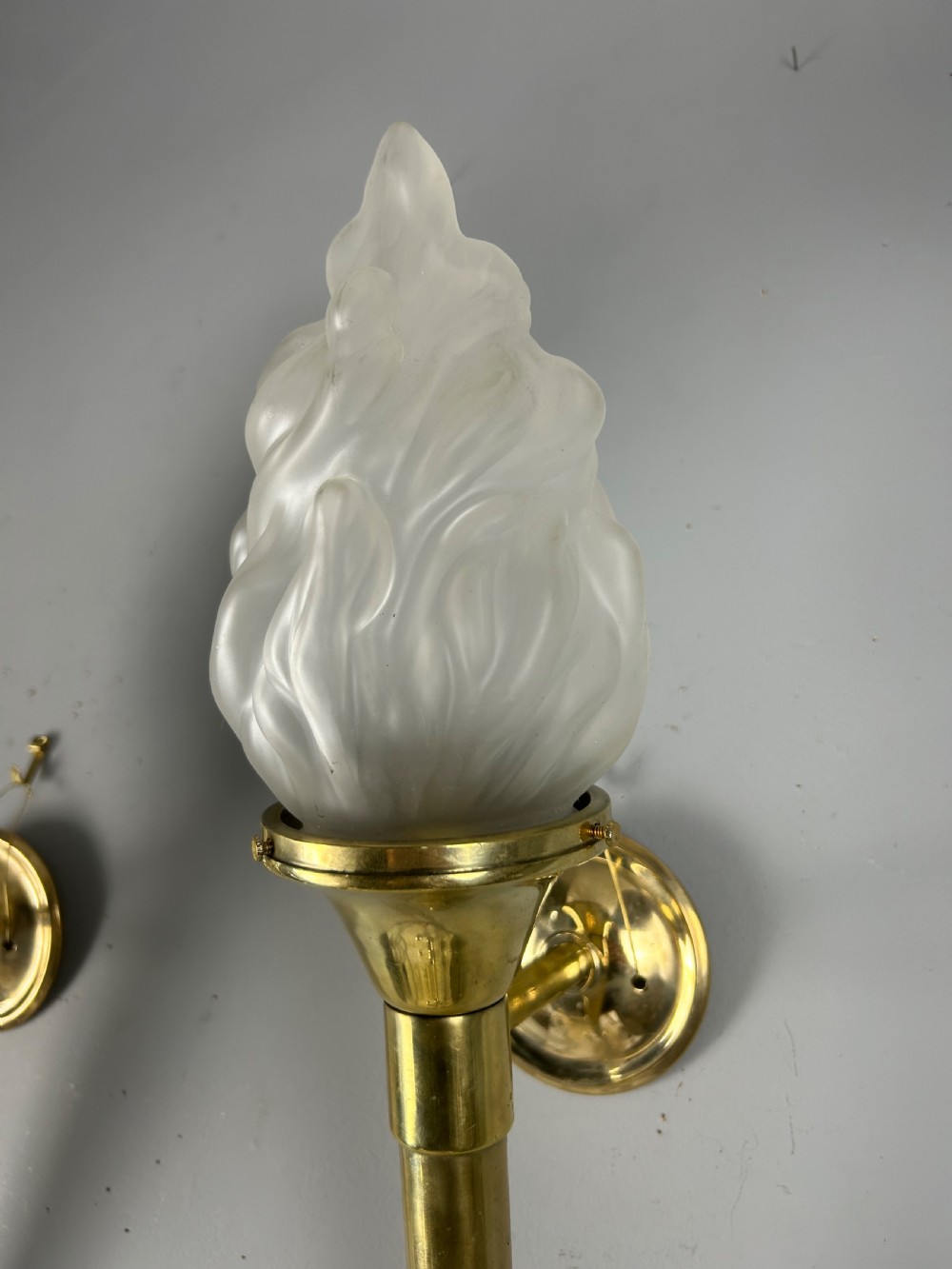 Large Pair Of Art Deco Brass Torch Wall Lights, Original Shades, Rewired View VIII