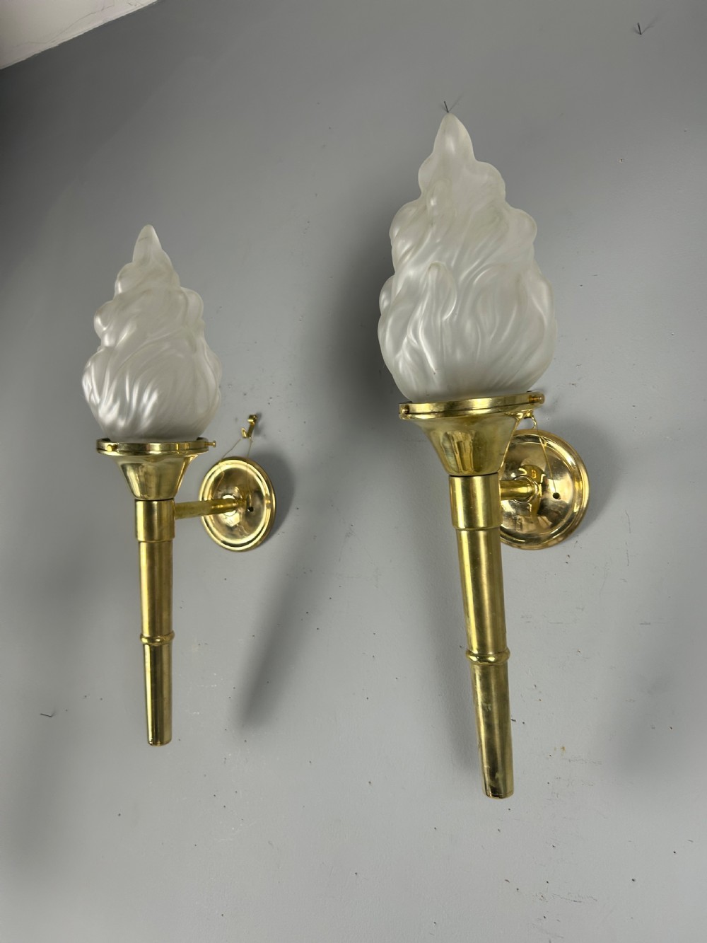 Large Pair Of Art Deco Brass Torch Wall Lights, Original Shades, Rewired View IX