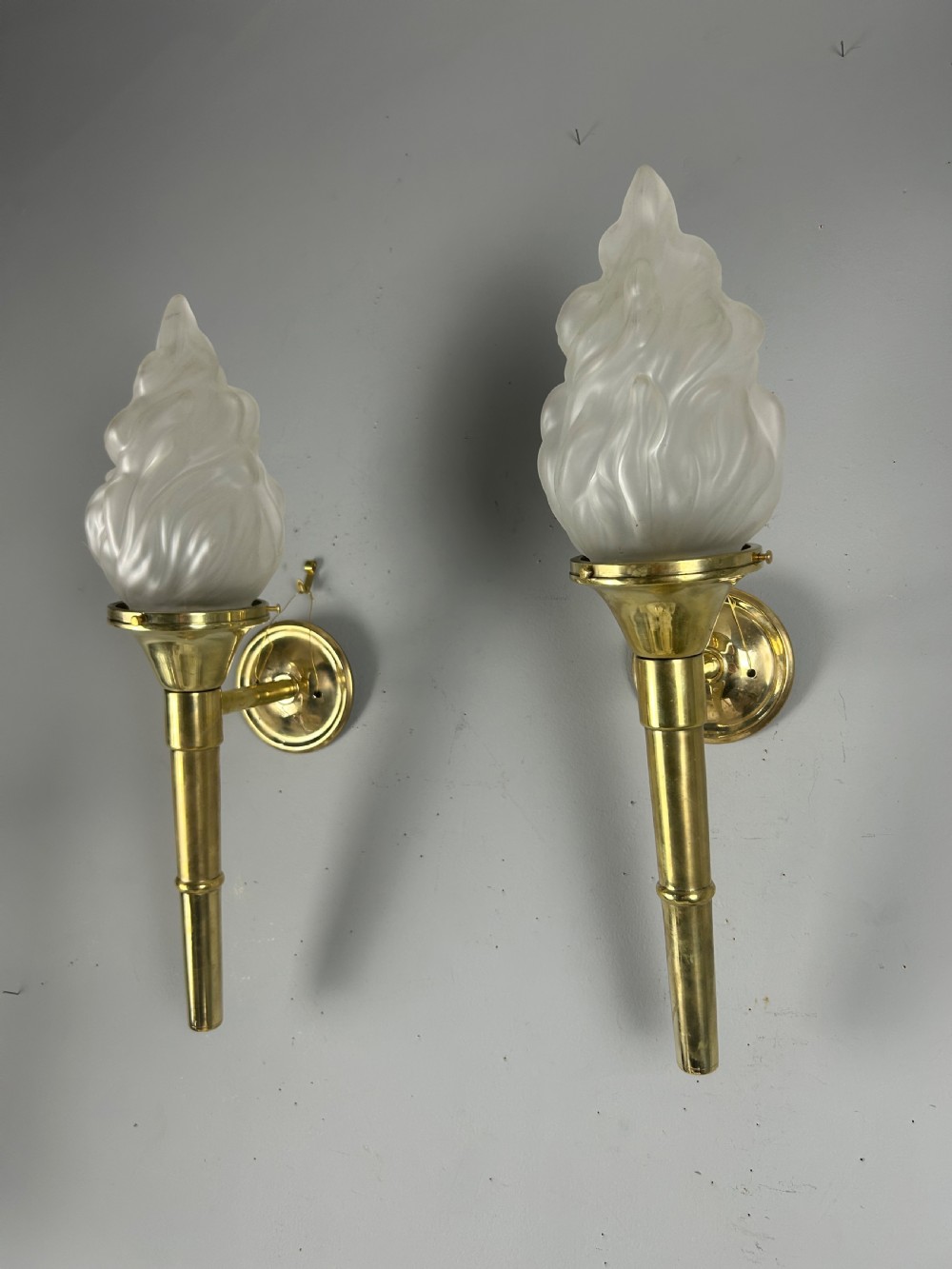 Large Pair Of Art Deco Brass Torch Wall Lights, Original Shades, Rewired View X