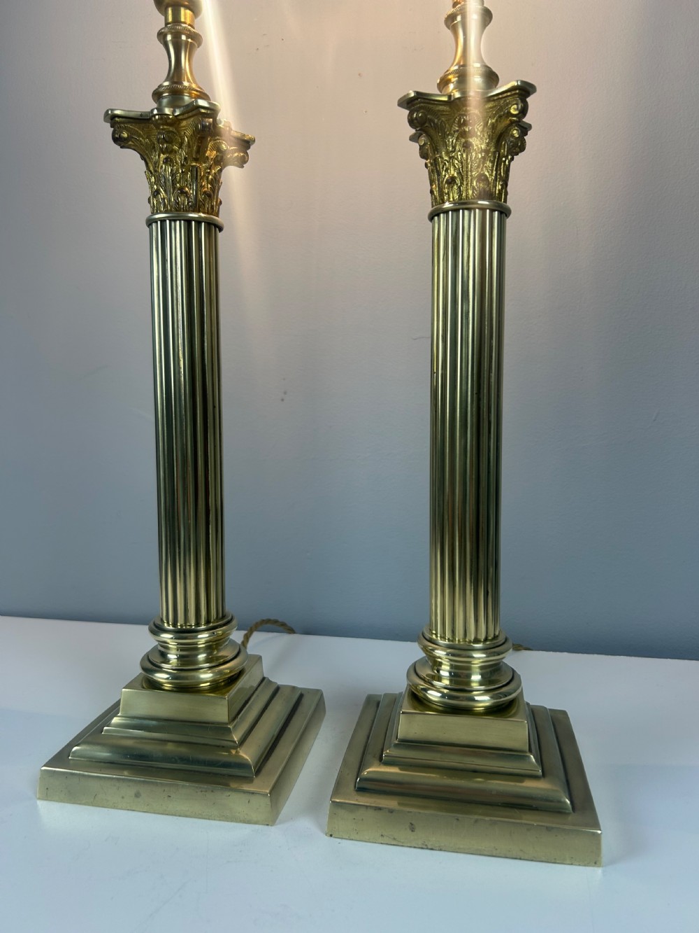 Pair of Hinks & Sons Brass Corinthian Column Table Lamps  View III
