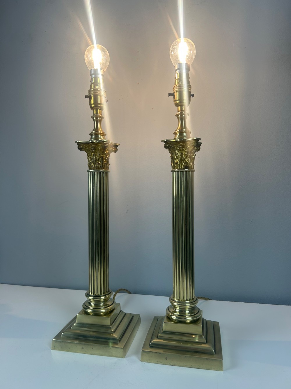 Pair of Hinks & Sons Brass Corinthian Column Table Lamps  View IV