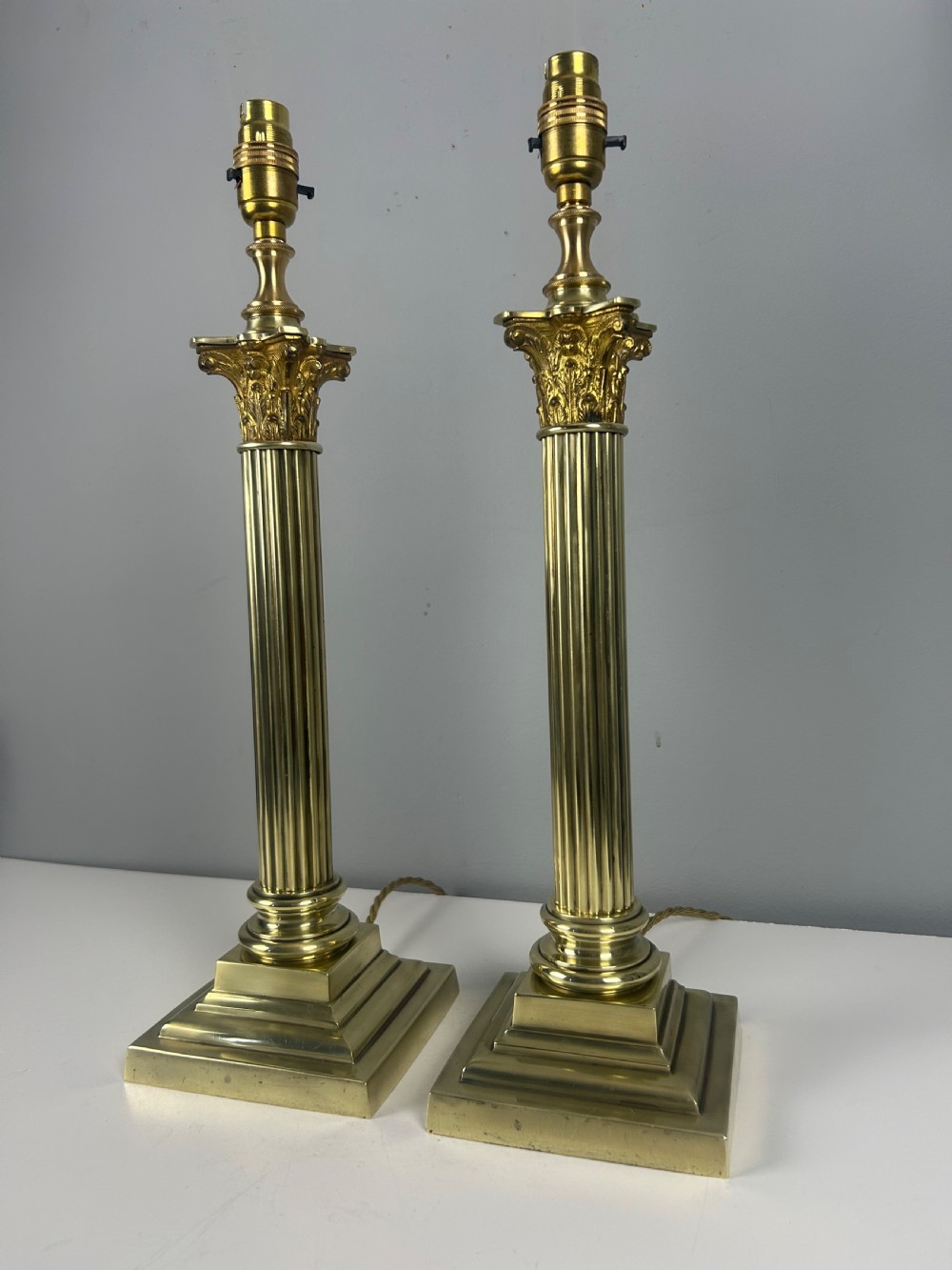 Pair of Hinks & Sons Brass Corinthian Column Table Lamps  View V