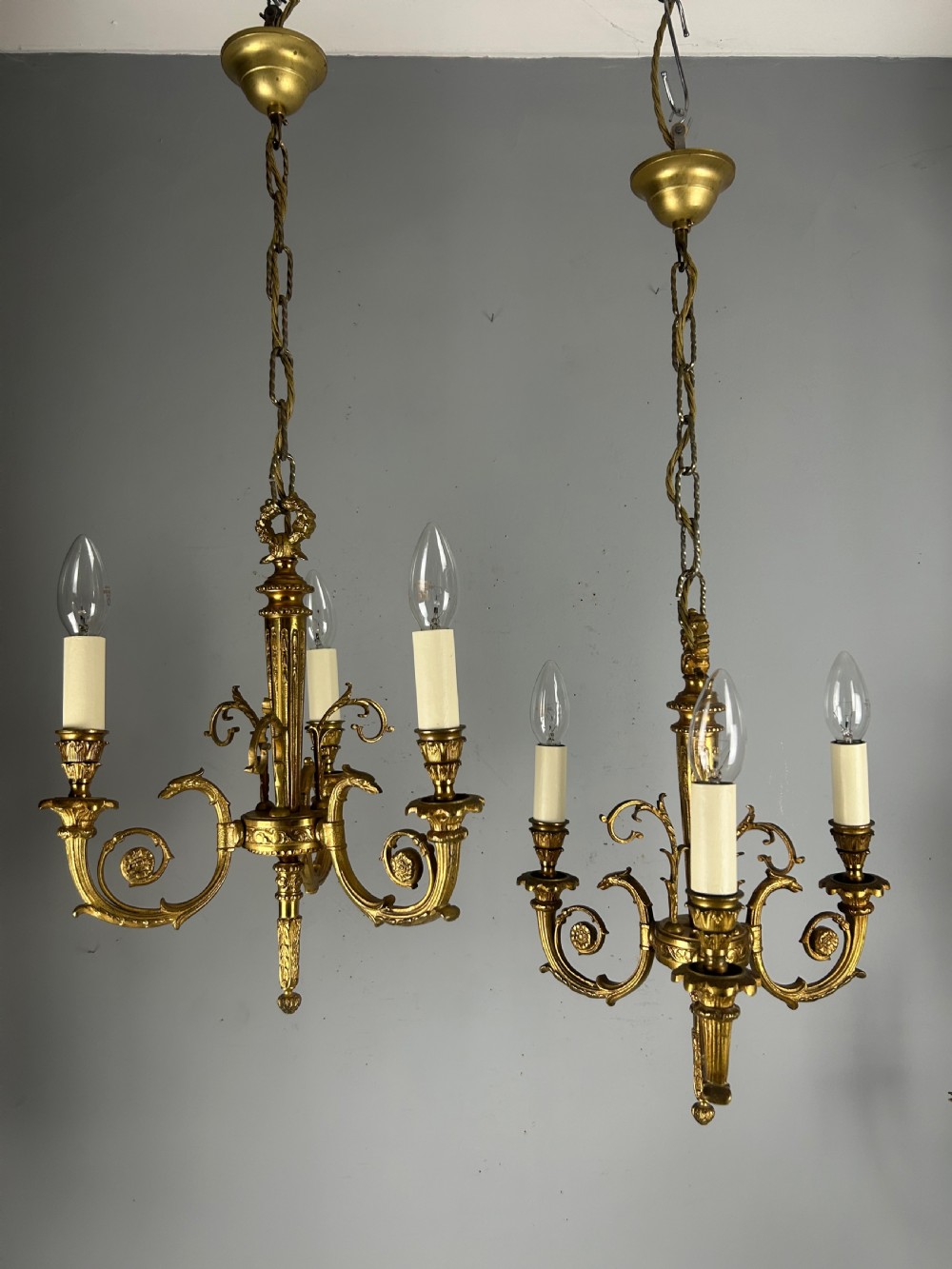 Pair of 3 Light Gilt Brass French Empire Chandeliers, Ceiling Lights, Rewired 