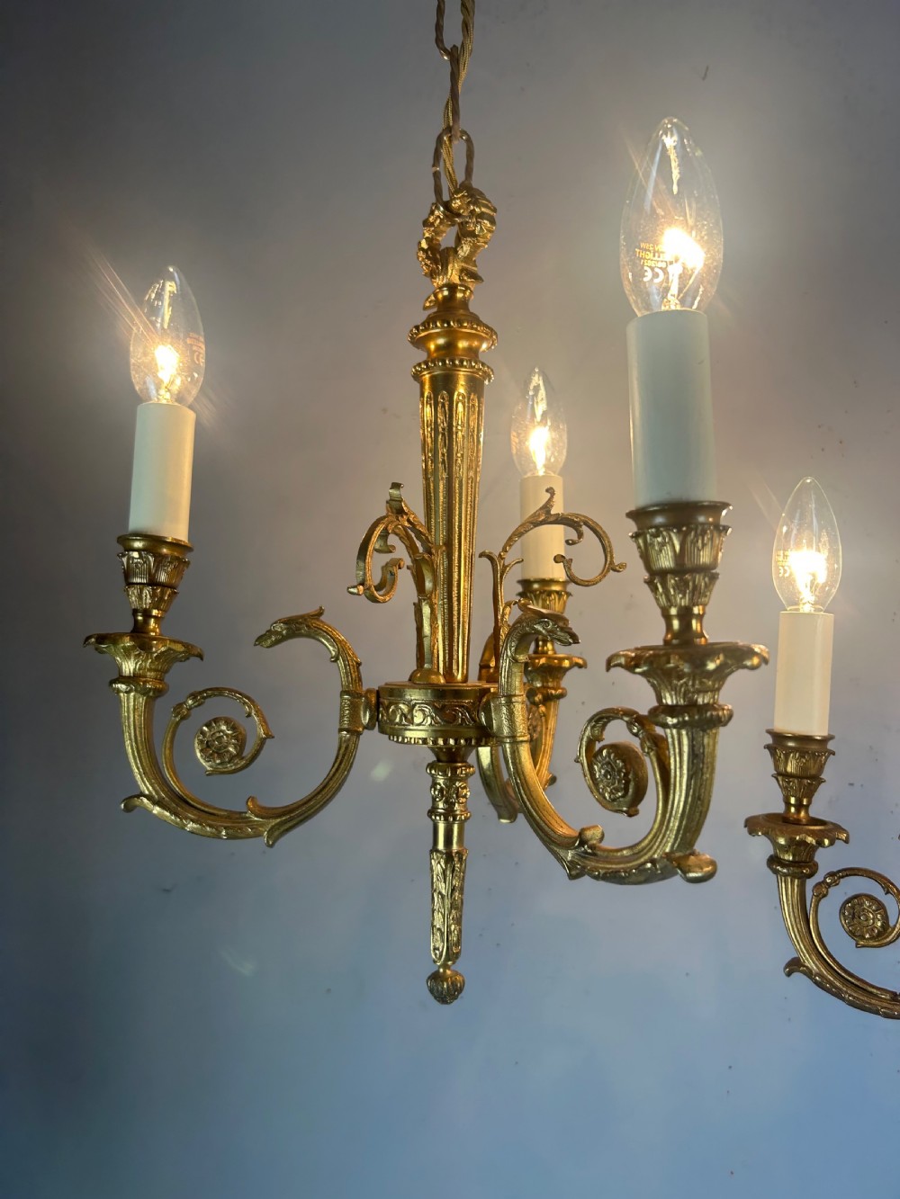 Pair of 3 Light Gilt Brass French Empire Chandeliers, Ceiling Lights, Rewired  View II