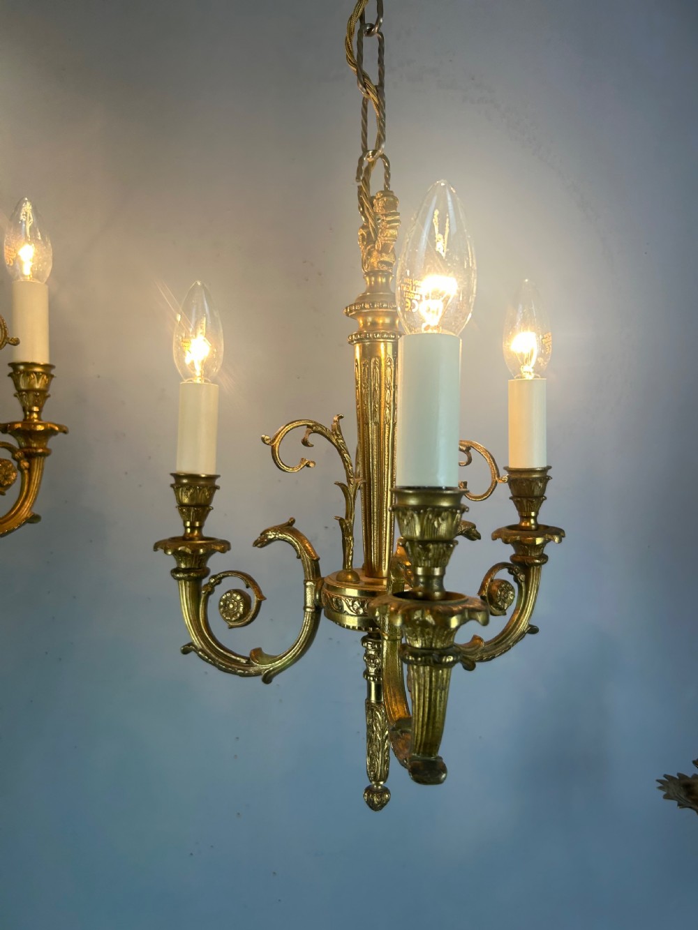 Pair of 3 Light Gilt Brass French Empire Chandeliers, Ceiling Lights, Rewired  View III