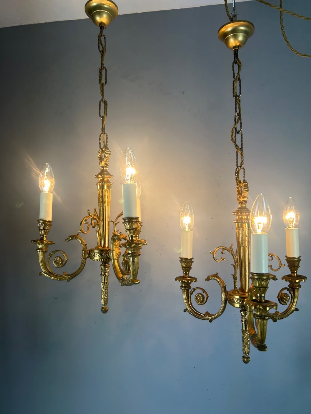 Pair of 3 Light Gilt Brass French Empire Chandeliers, Ceiling Lights, Rewired  View IV