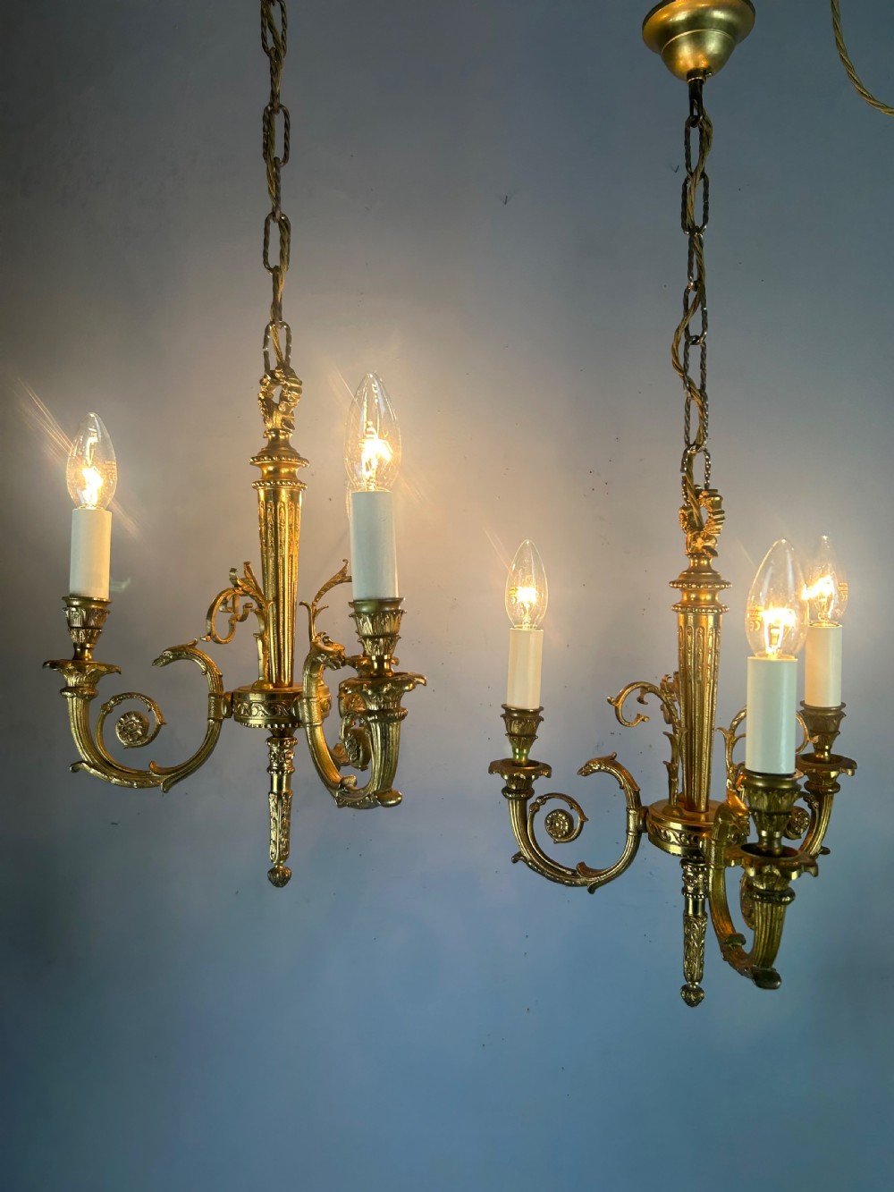 Pair of 3 Light Gilt Brass French Empire Chandeliers, Ceiling Lights, Rewired  View V