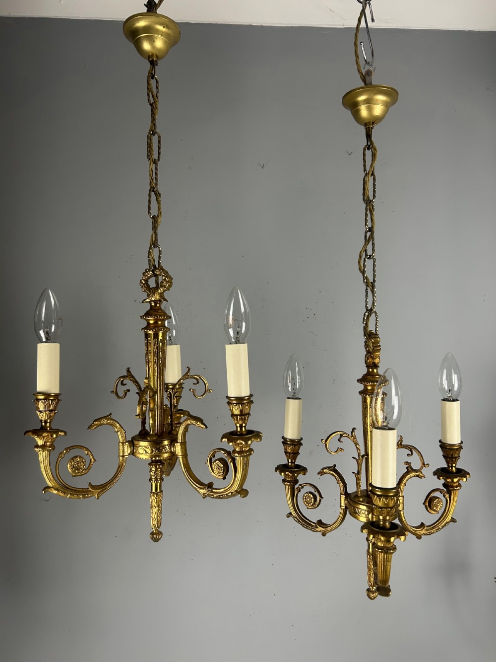 Pair of 3 Light Gilt Brass French Empire Chandeliers, Ceiling Lights, Rewired  View VI
