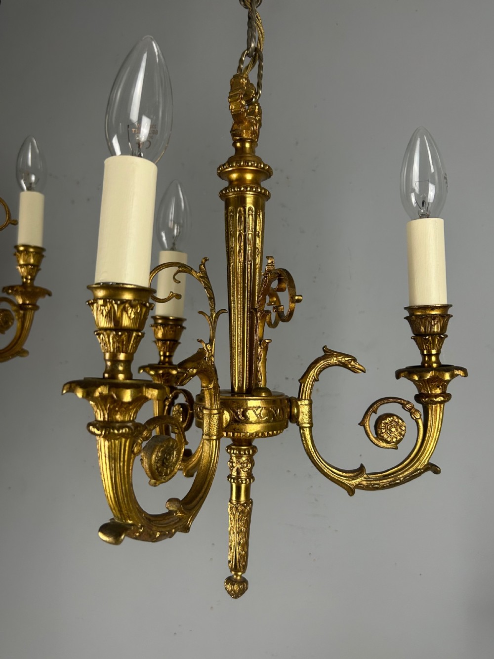 Pair of 3 Light Gilt Brass French Empire Chandeliers, Ceiling Lights, Rewired  View VIII