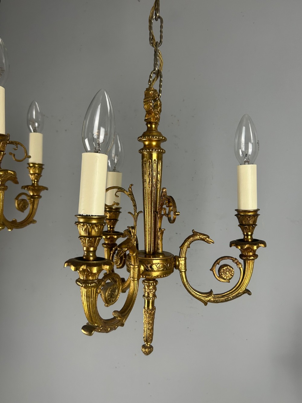 Pair of 3 Light Gilt Brass French Empire Chandeliers, Ceiling Lights, Rewired  View IX
