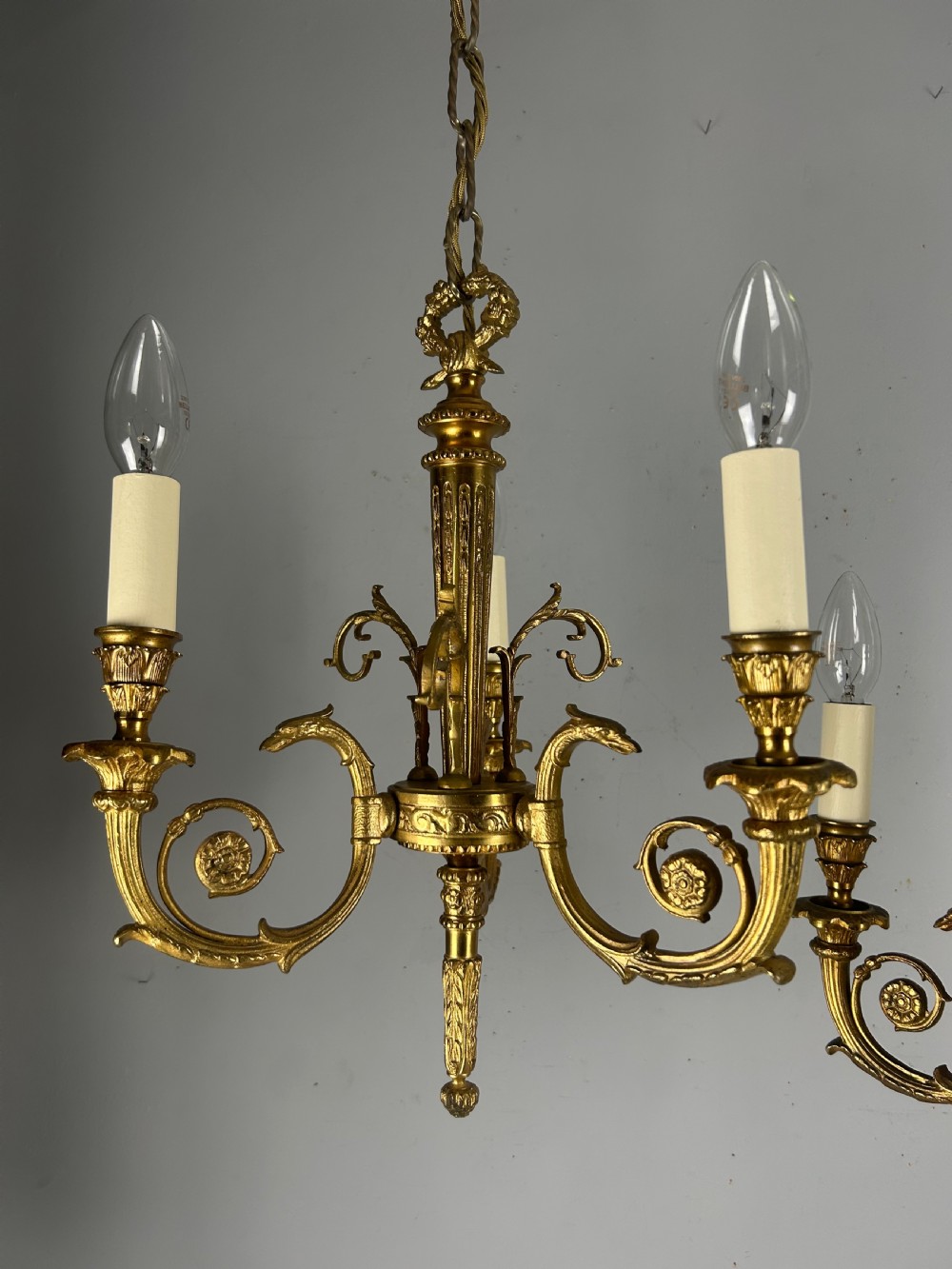 Pair of 3 Light Gilt Brass French Empire Chandeliers, Ceiling Lights, Rewired  View X